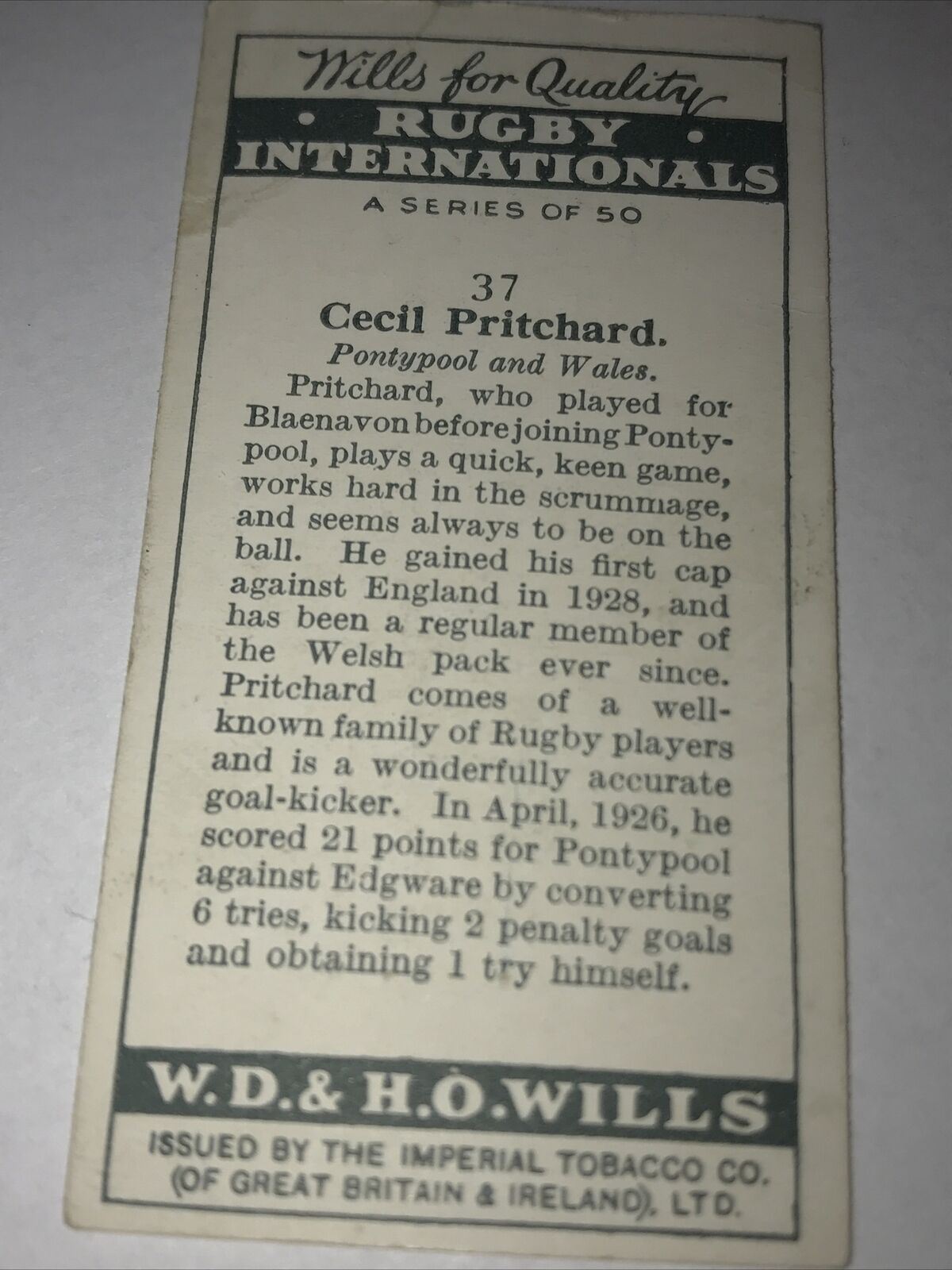 Wills Cigarette Card - Rugby Internationals - No37 Cecil Pritchard Pontypool - 1929 - 1920s