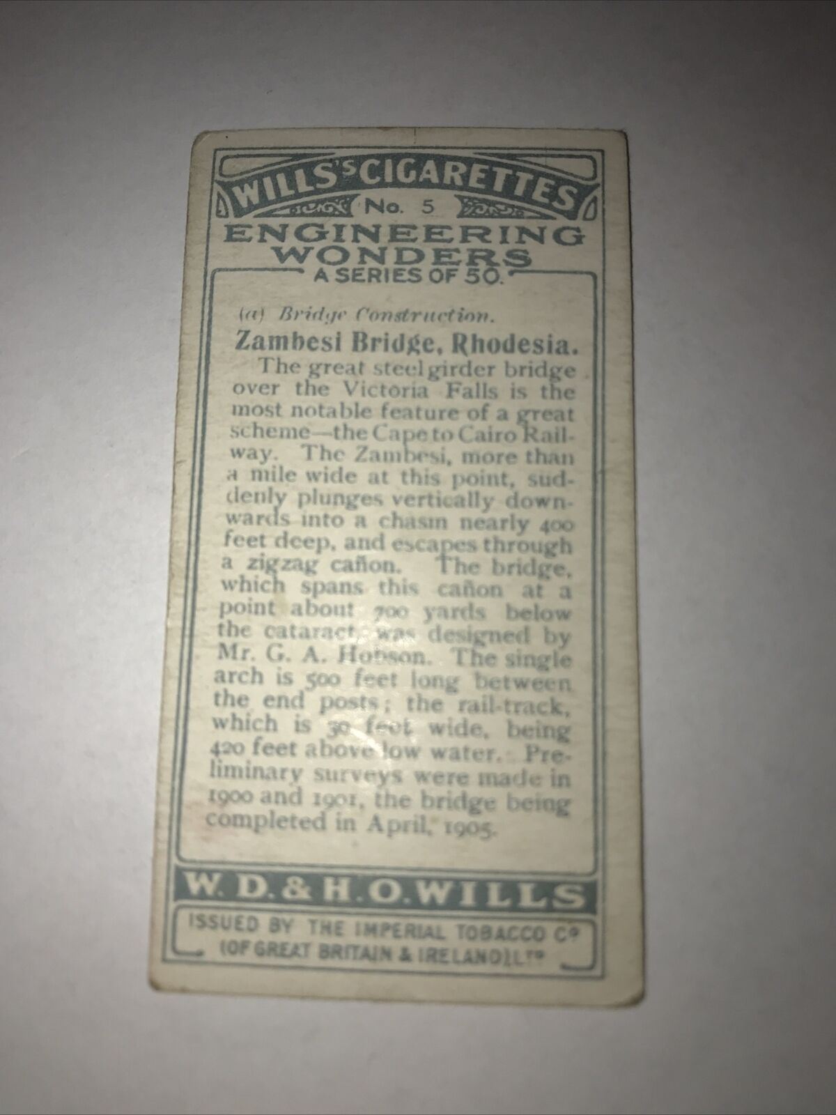 Wills Cigarettes Card Engineering Wonders Zambesi Bridge Rhodesia No5