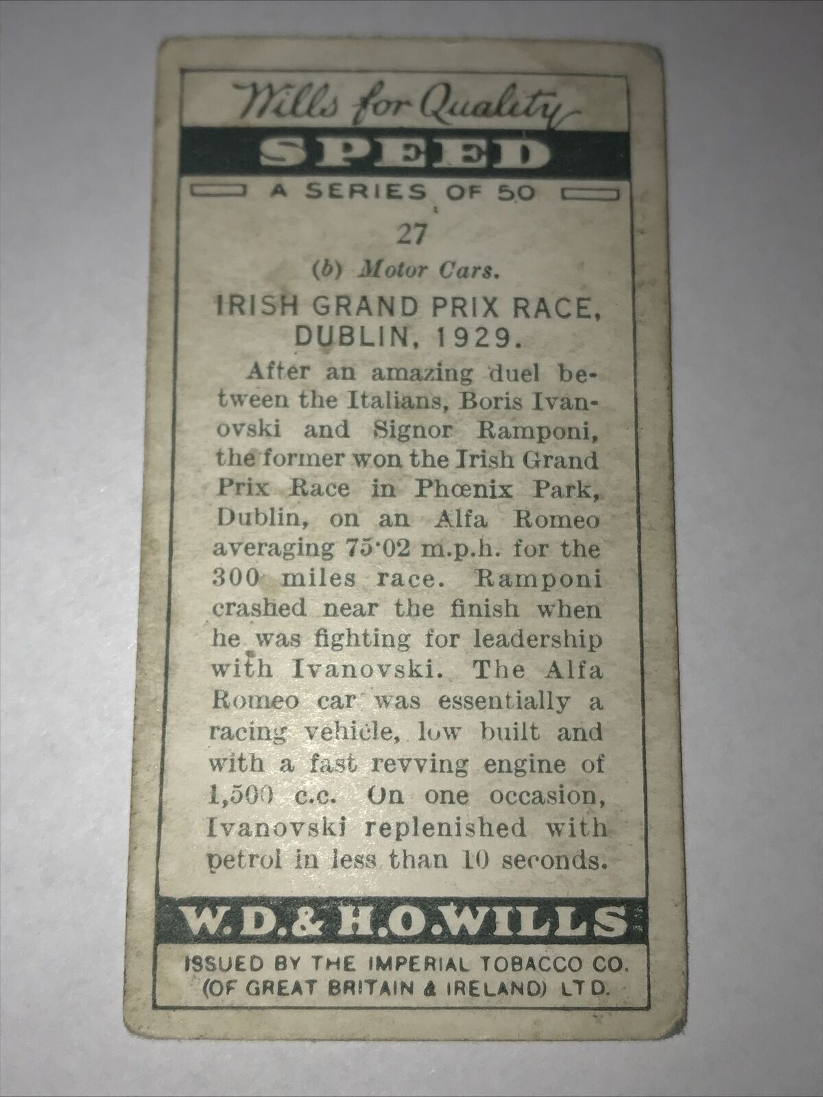 Wills Cigarette Card - Speed - 1st Series - 1930 - No. 27 Motor Cars - Irish Grand Prix Race, Dublin, 1929