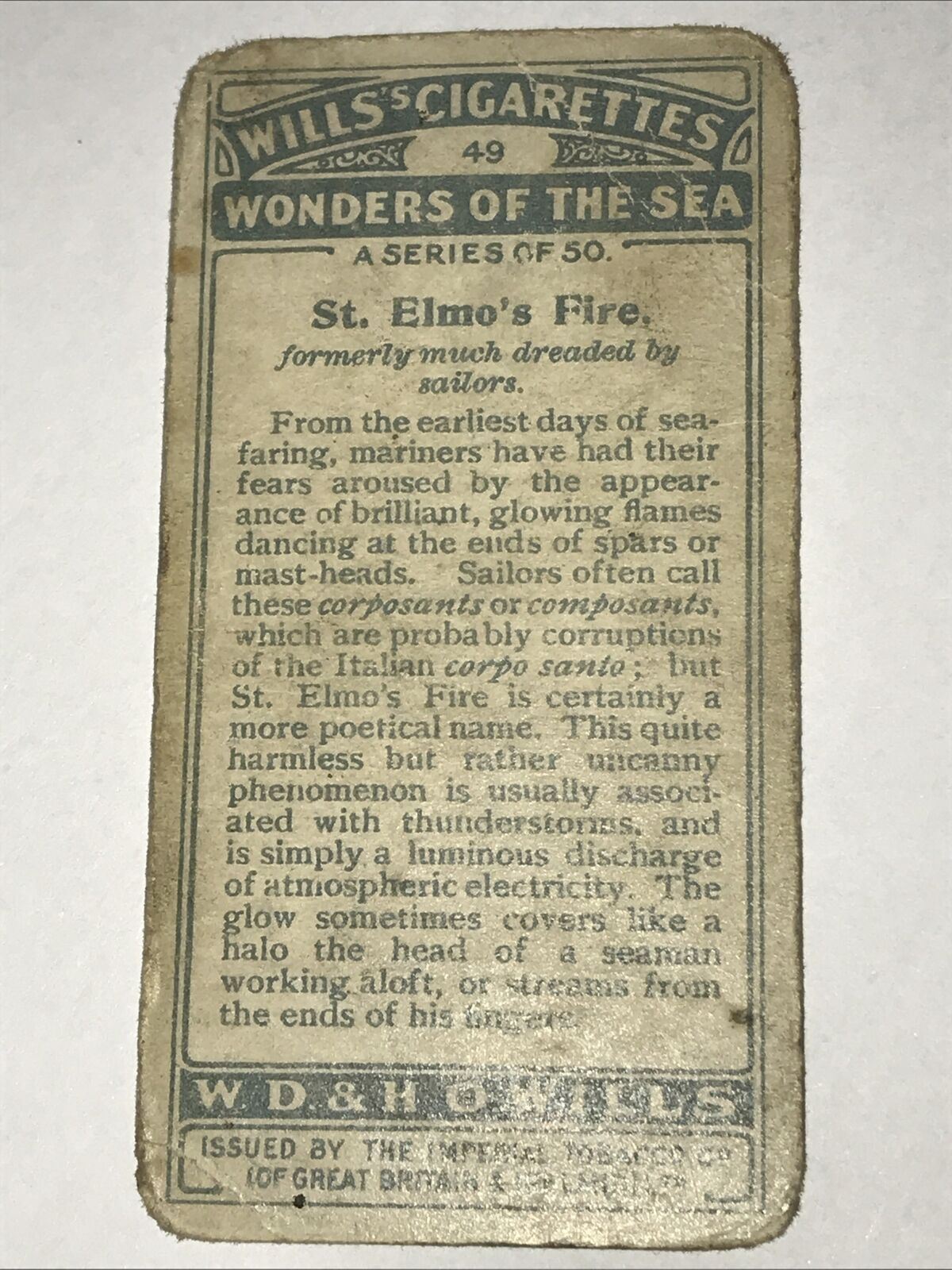 Wills Cigarettes card Wonders of the Sea no49 St Elmos Fire