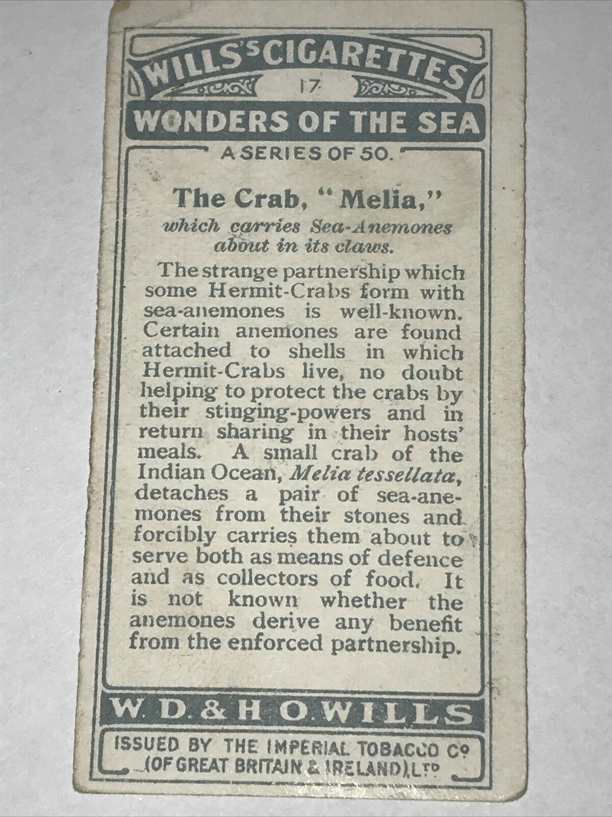 Wills Cigarettes card Wonders of the Sea no17 The Crab Melia