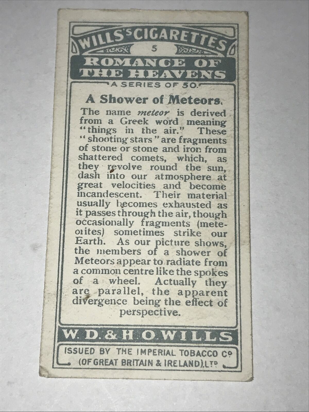 Wills Cigarettes card Romance of the Heavens no5 A Shower of Meteors