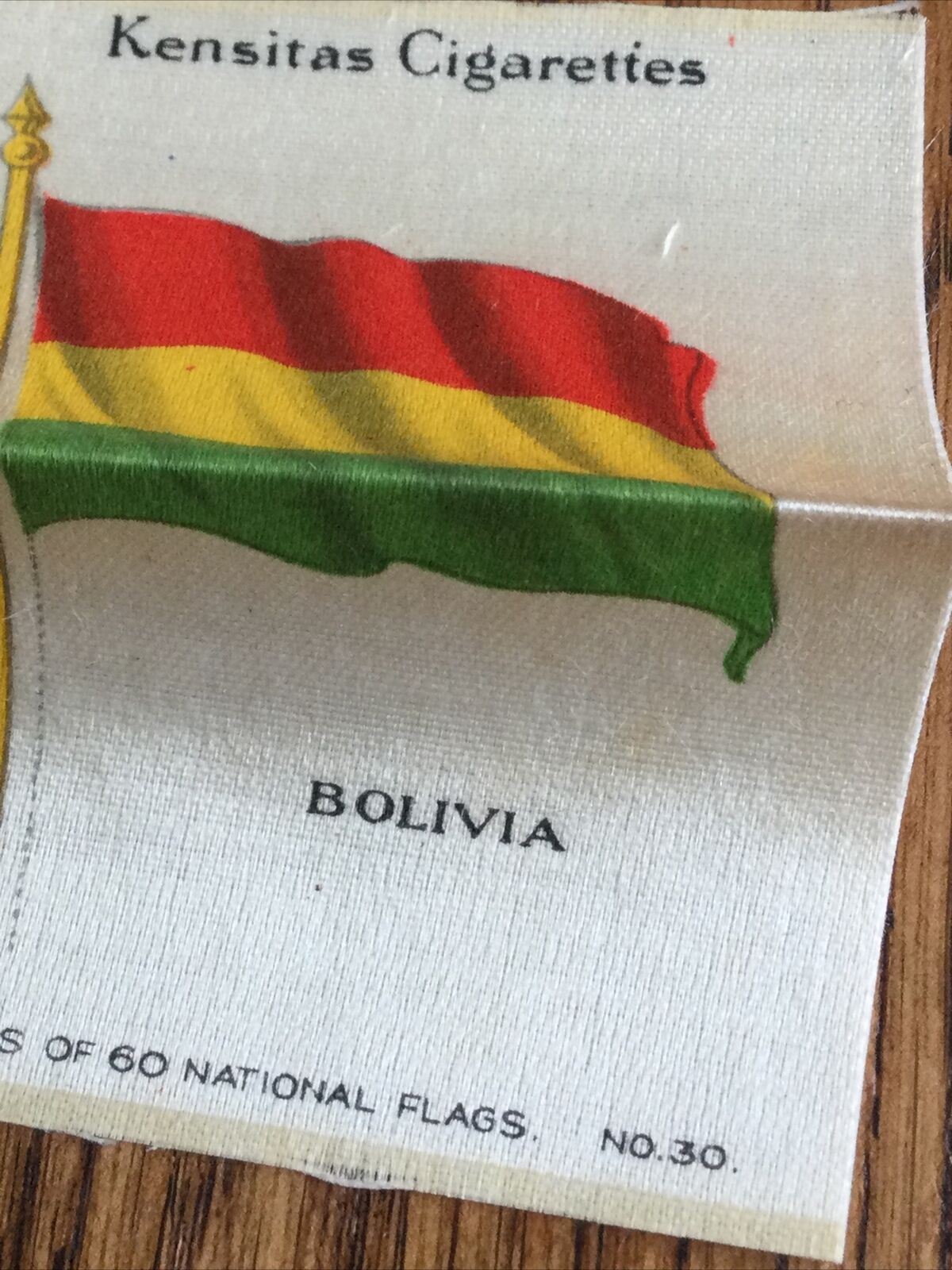 Vintage 1930s Kensitas Cigarettes Silk Card - Bolivia - National flags - No. 30 / 60