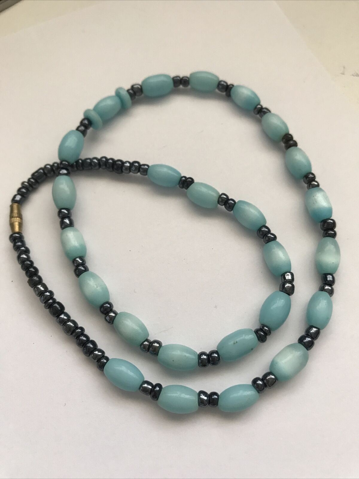 Vintage Turquoise Blue And Grey Bead Necklace. Screw Fastening. Beaded. Pretty.