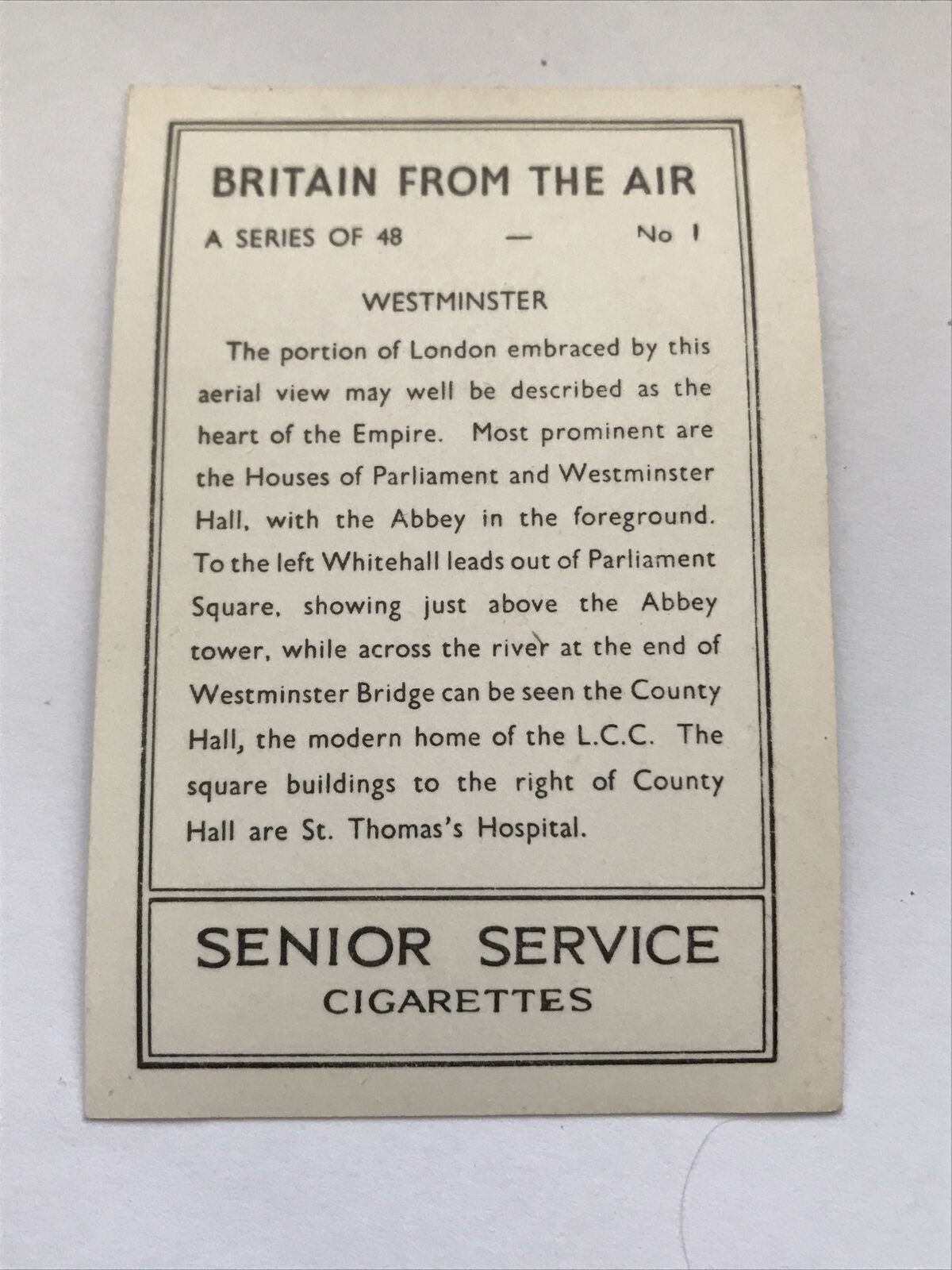 Vintage 1939 Senior Service Cigarette Card 'Britain From The Air' - No. 1 - Westminster - Houses of Parliament