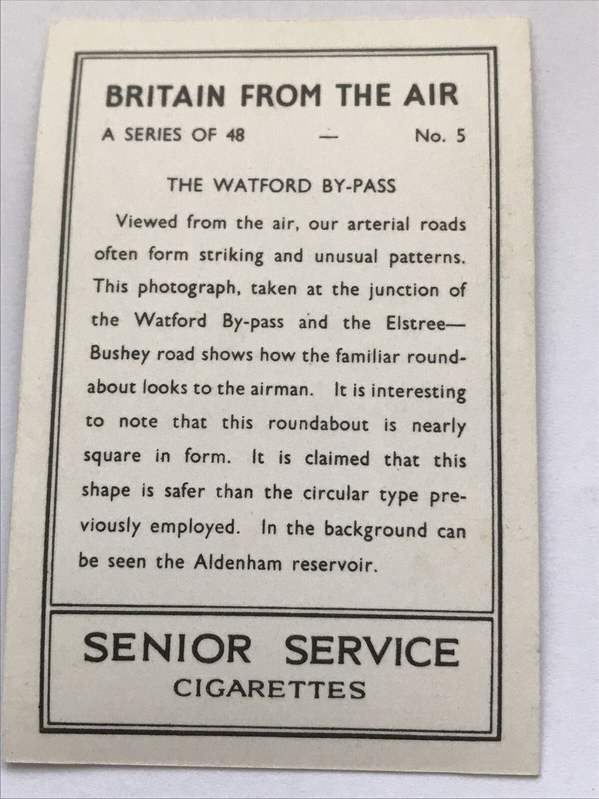 Senior Service Cigarette Card 'Britain From The Air' 1939 - No. 5 - The Watford By-Pass - Elstree Road