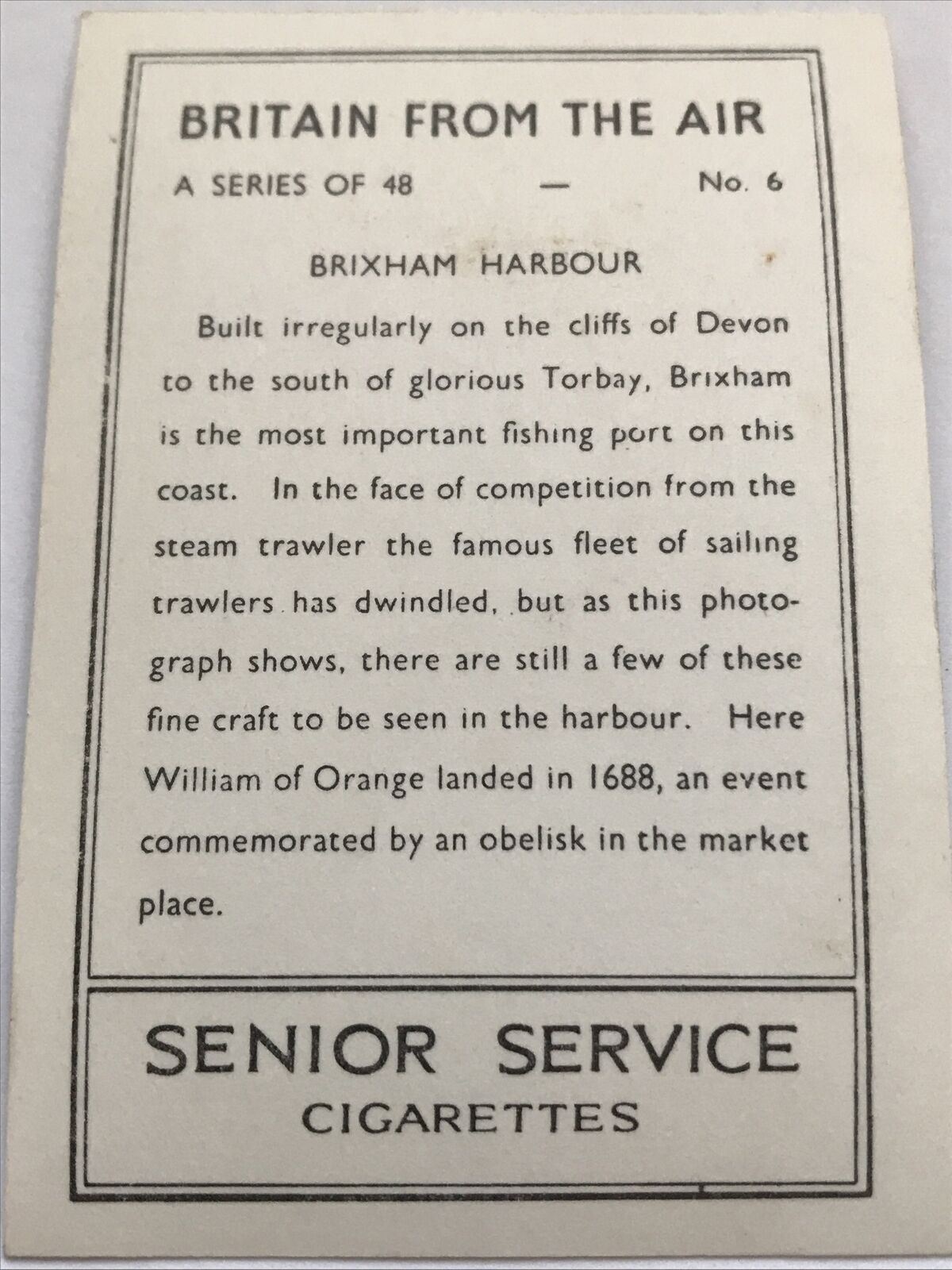 Senior Service Cigarette Car.d Britain From The Air 1939 Brixham no6. Old Brixham photo.
