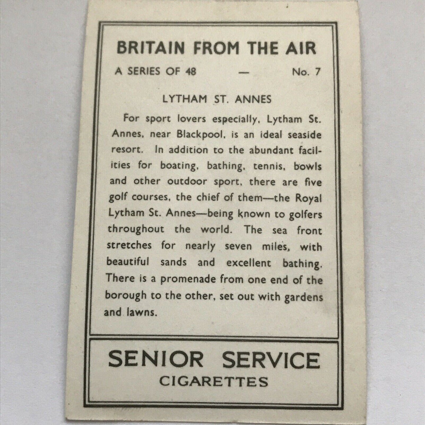 1939 Senior Service Cigarette Card - 'Britain From The Air' - No.7 - Lytham St Anne’s - Near Blackpool