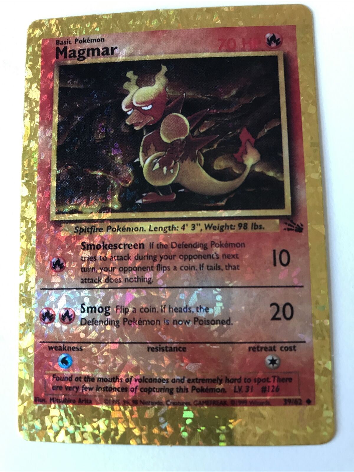 Pokemon Vending STICKER - Unused - 1999 - HOLO - 39/62 Magmar - Fossil - Vintage 90s
