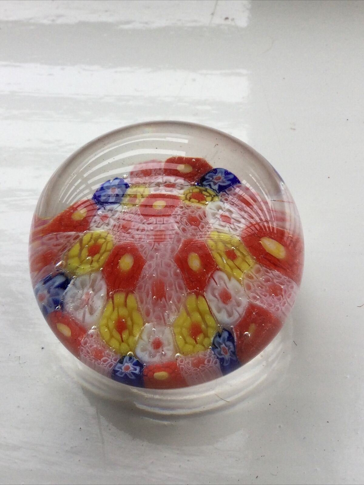 VINTAGE MULTI COLOURED MILLEFIORI .GLASS PAPER WEIGHT. Bright. 6cm across.