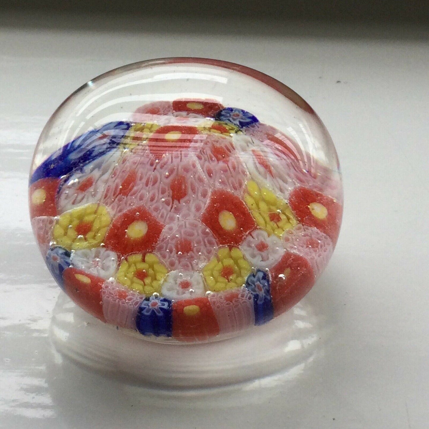 VINTAGE MULTI COLOURED MILLEFIORI .GLASS PAPER WEIGHT. Bright. 6cm across.