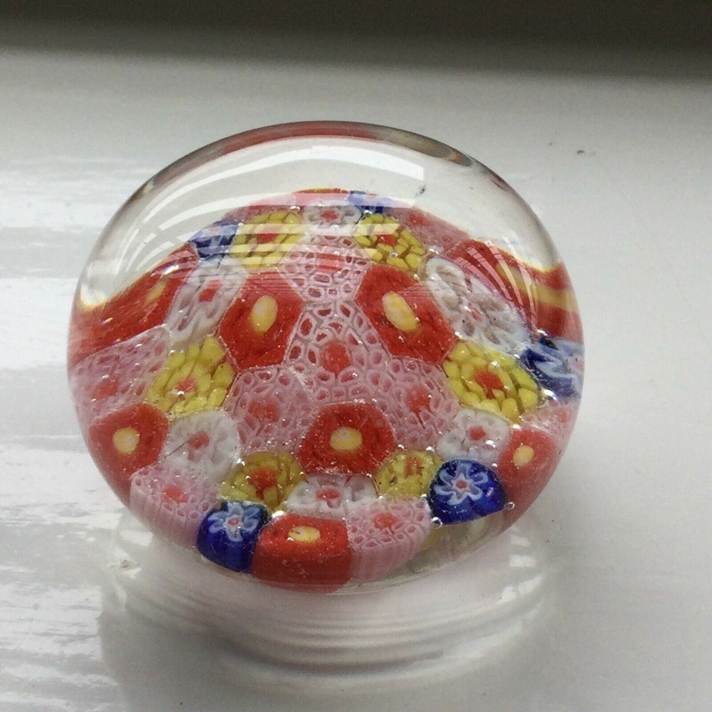 VINTAGE MULTI COLOURED MILLEFIORI .GLASS PAPER WEIGHT. Bright. 6cm across.