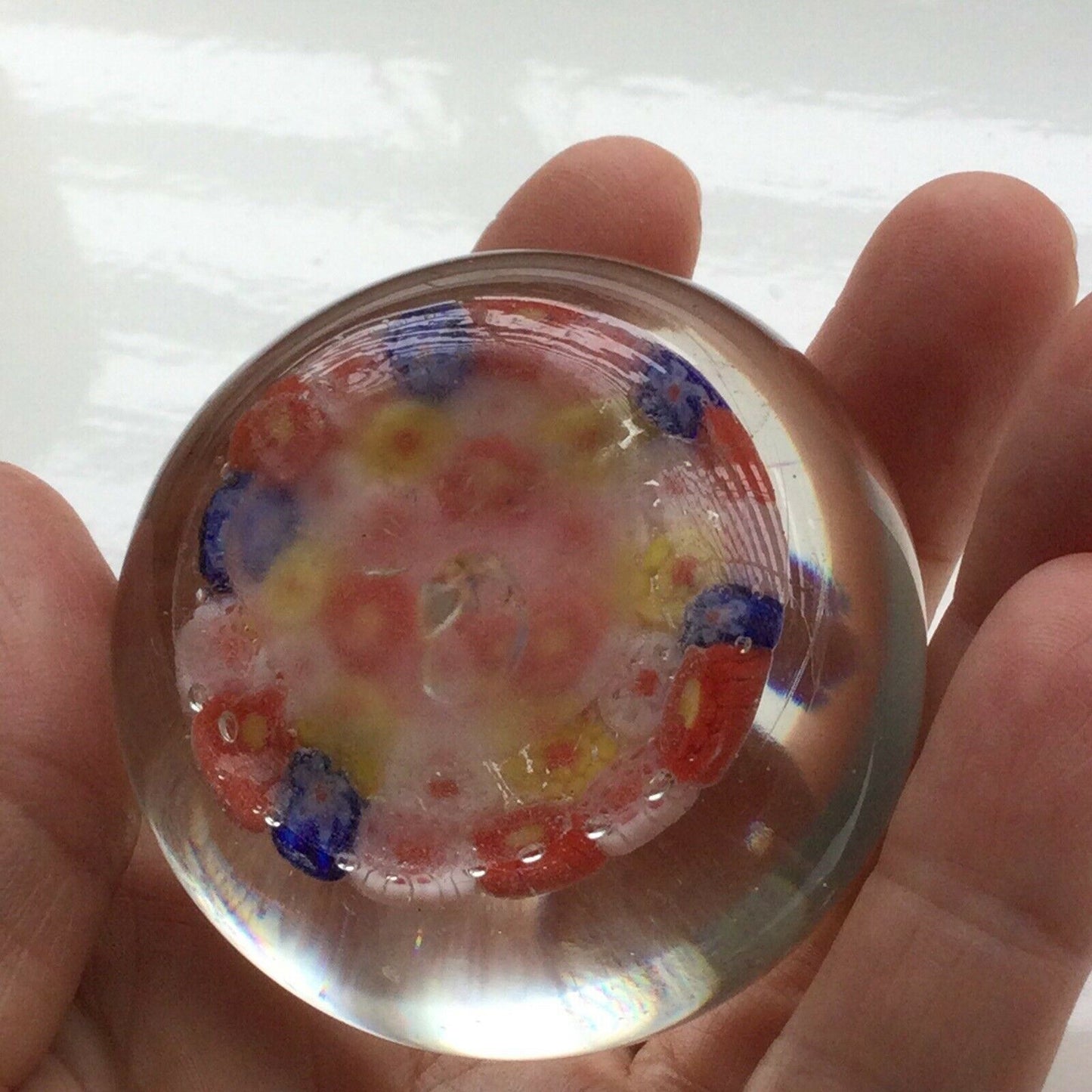 VINTAGE MULTI COLOURED MILLEFIORI .GLASS PAPER WEIGHT. Bright. 6cm across.