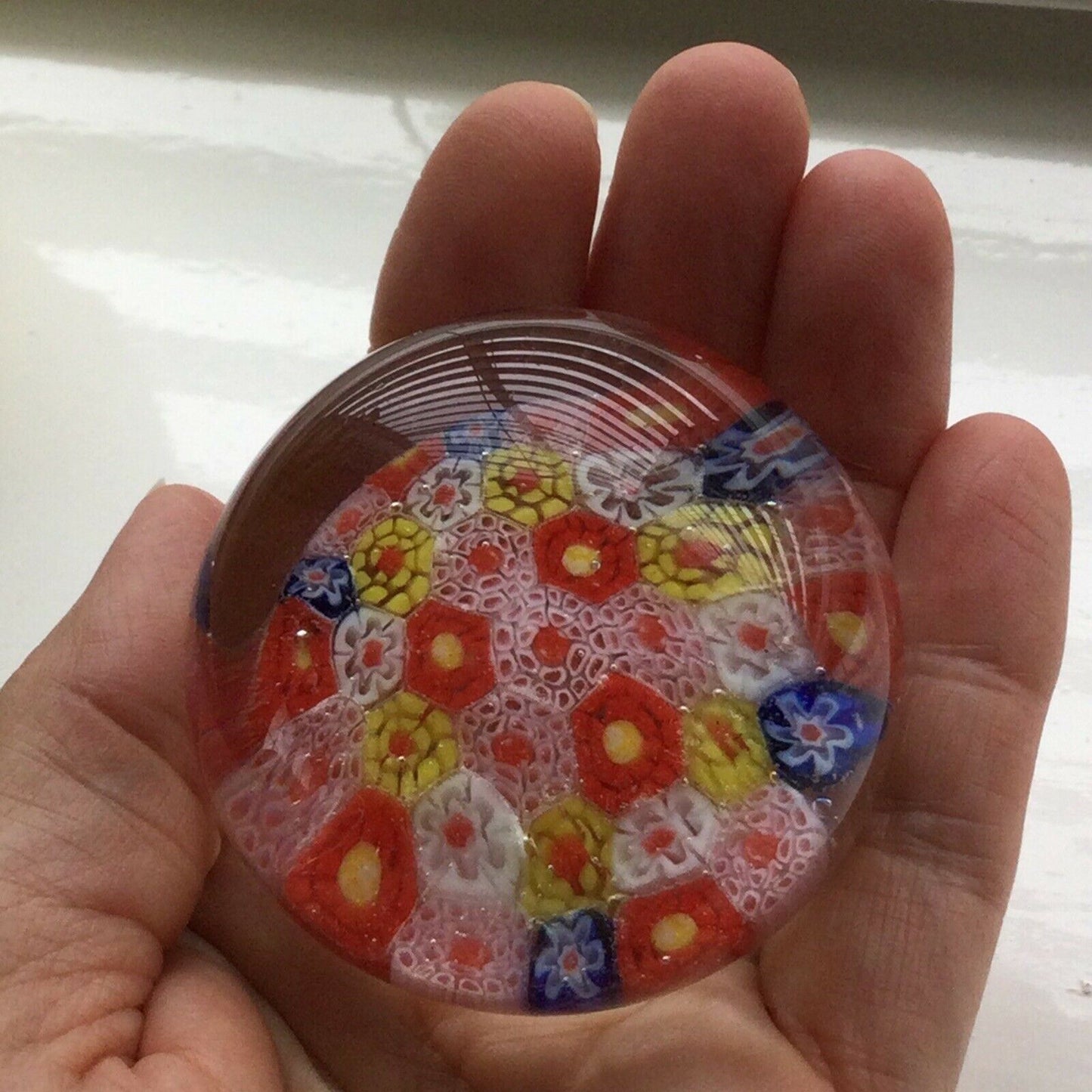 VINTAGE MULTI COLOURED MILLEFIORI .GLASS PAPER WEIGHT. Bright. 6cm across.