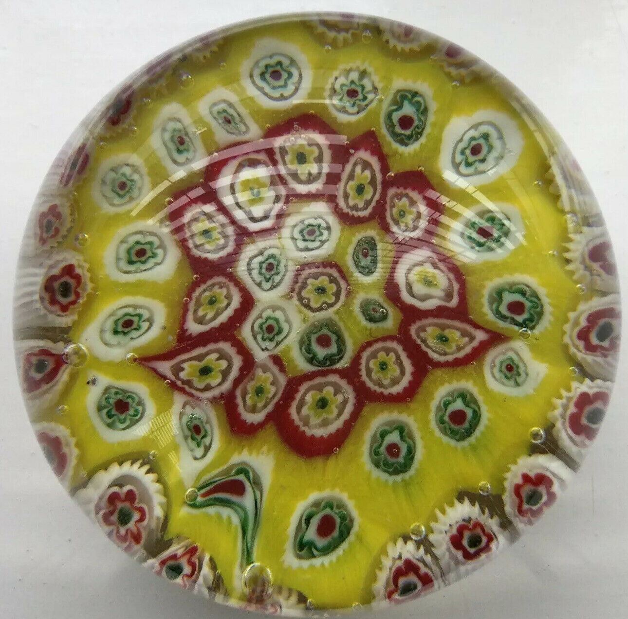 Lovely Bright Yellow And Red Millefiore Glass Art Paperweight - Sphere - Approx 8cm Diameter