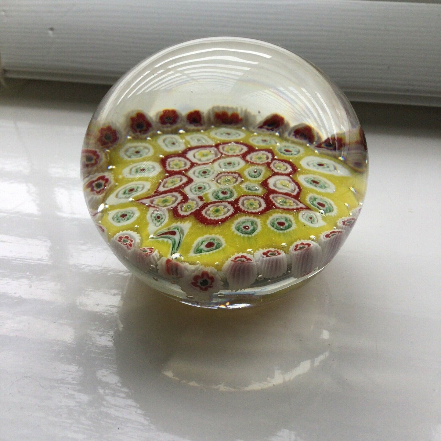 Lovely Bright Yellow And Red Millefiore Glass Art Paperweight - Sphere - Approx 8cm Diameter