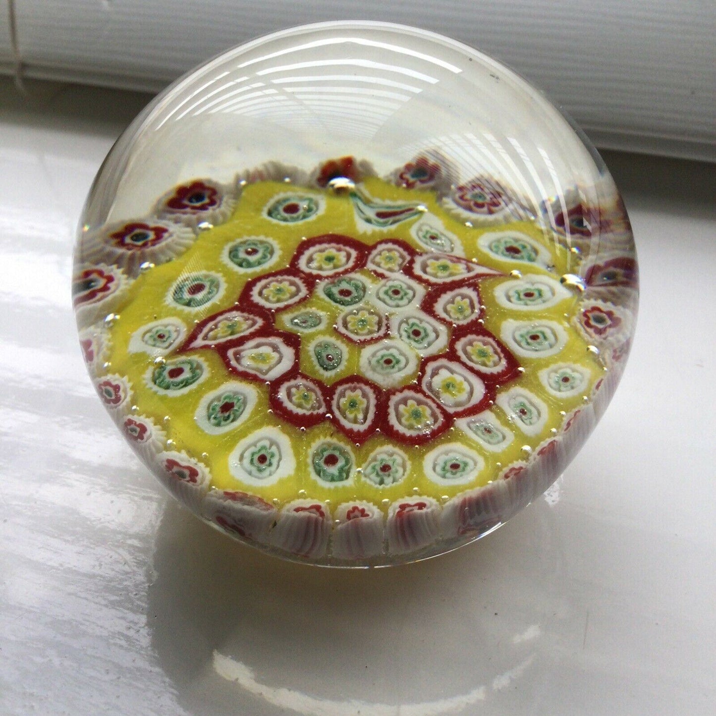 Lovely Bright Yellow And Red Millefiore Glass Art Paperweight - Sphere - Approx 8cm Diameter