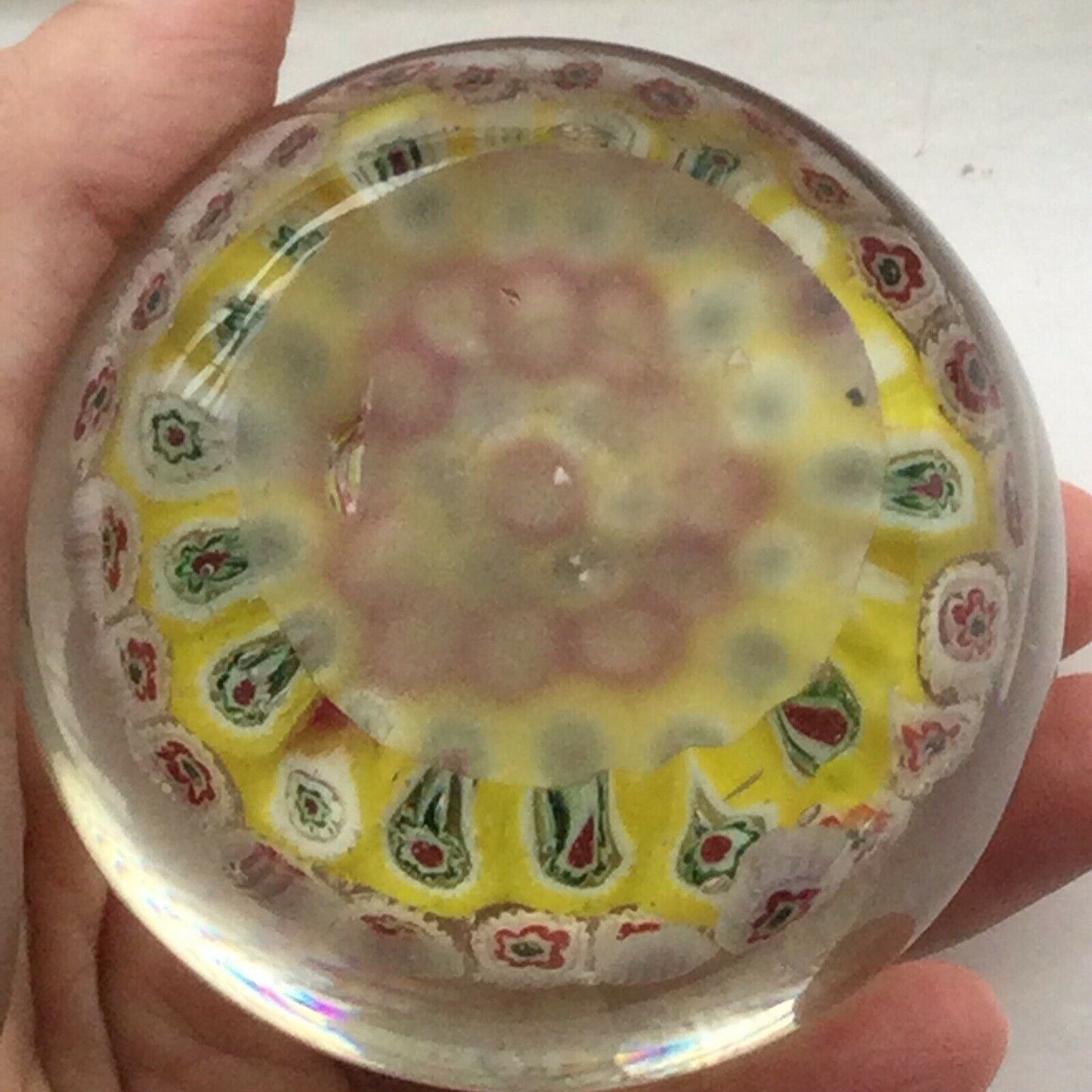 Lovely Bright Yellow And Red Millefiore Glass Art Paperweight - Sphere - Approx 8cm Diameter