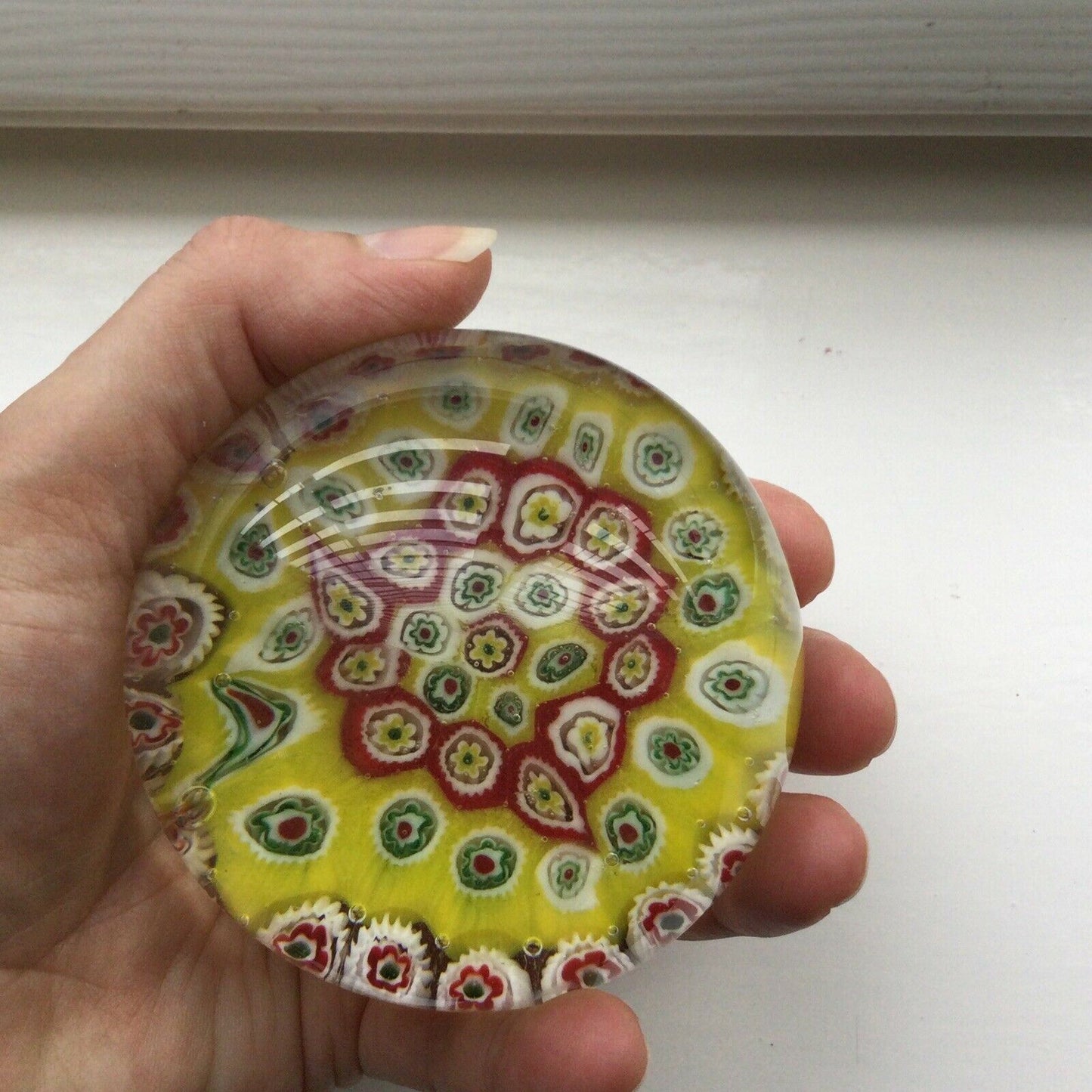 Lovely Bright Yellow And Red Millefiore Glass Art Paperweight - Sphere - Approx 8cm Diameter