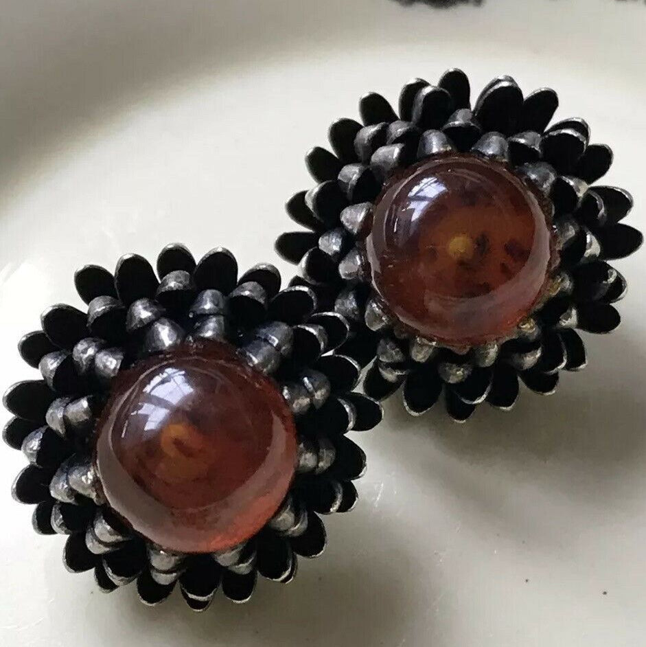 Vintage Clip On Large Stud Earrings. Pewter Colour With Amber Colour Stone.