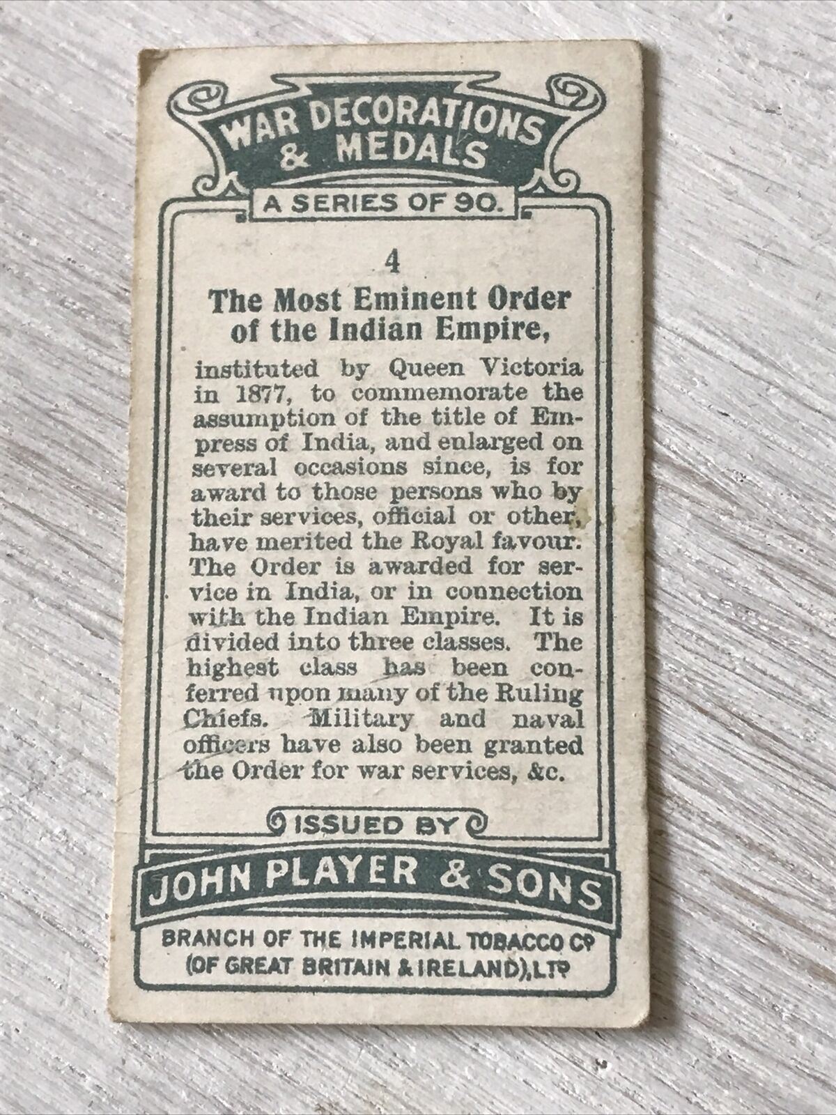 1920s Players Cigarette Card. War Decorations & Medals. No.4 Order Of The Indian Empire. Queen Victoria 1877