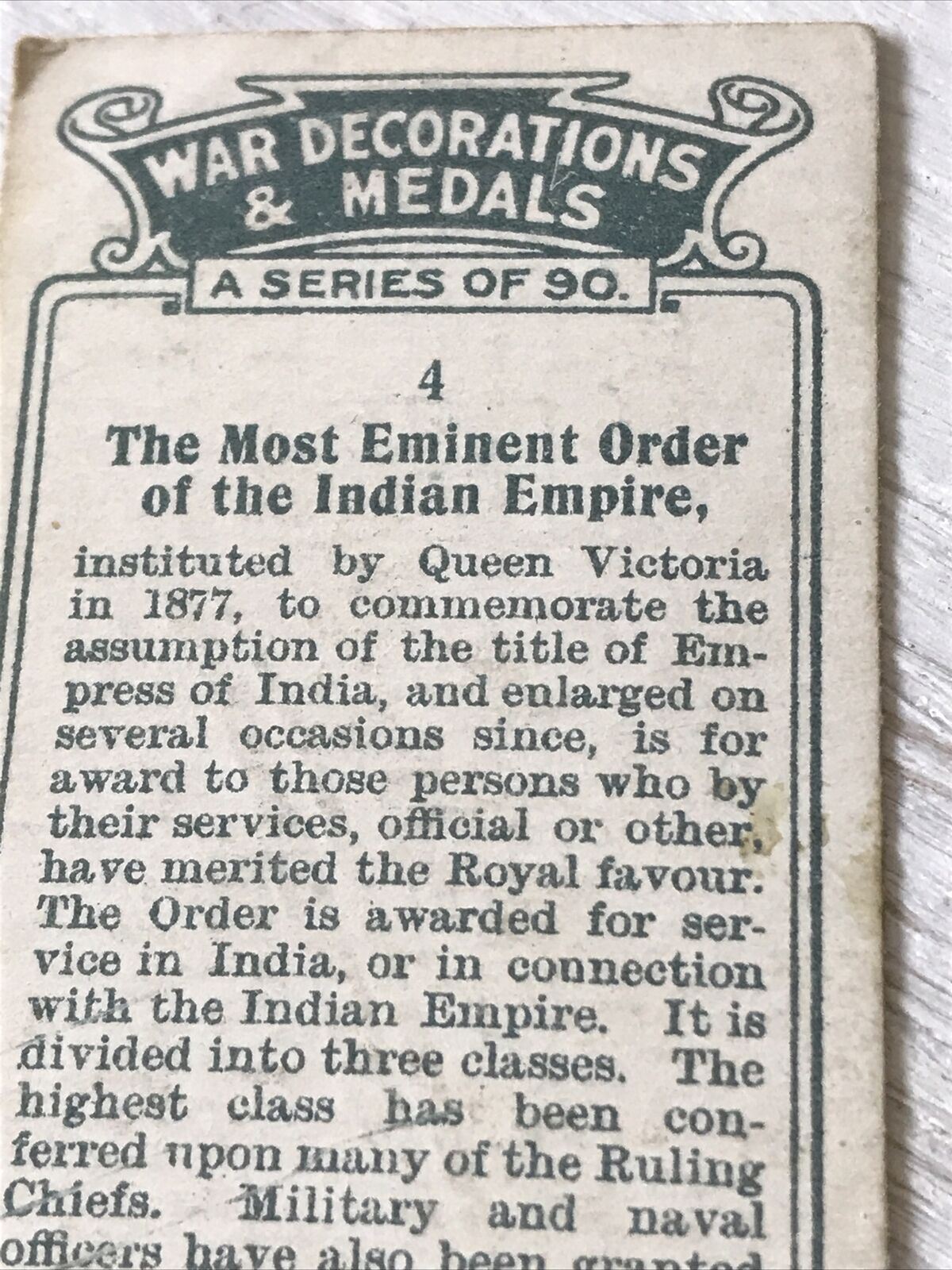 1920s Players Cigarette Card. War Decorations & Medals. No.4 Order Of The Indian Empire. Queen Victoria 1877
