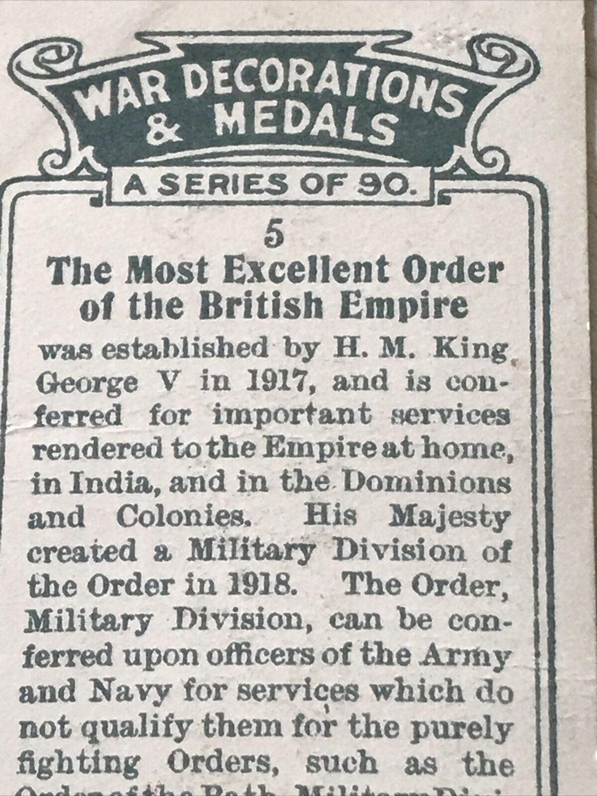 Players Cigarette Card War Decoratiions & Medals No5 Order Of The British Empire
