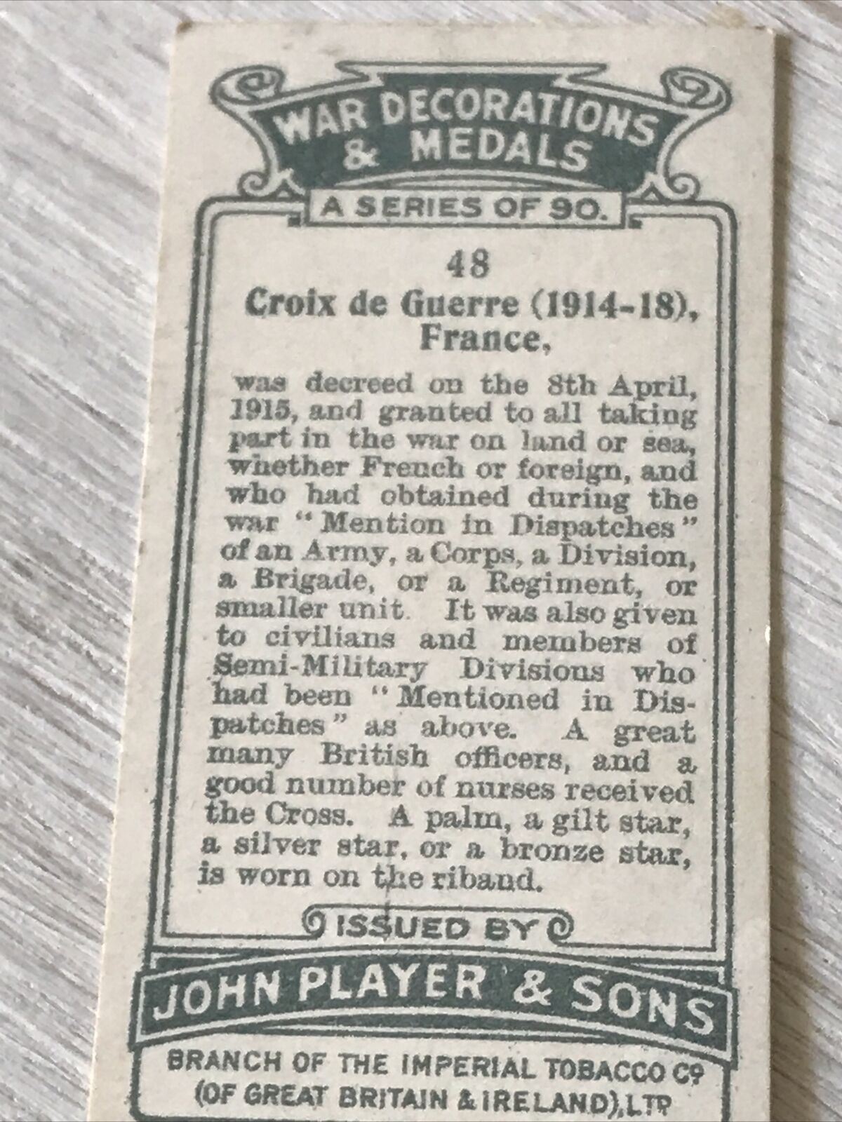 1927 Players Cigarette Card. War Decorations & Medals. No 48. Croix De Guerre France 1914-18