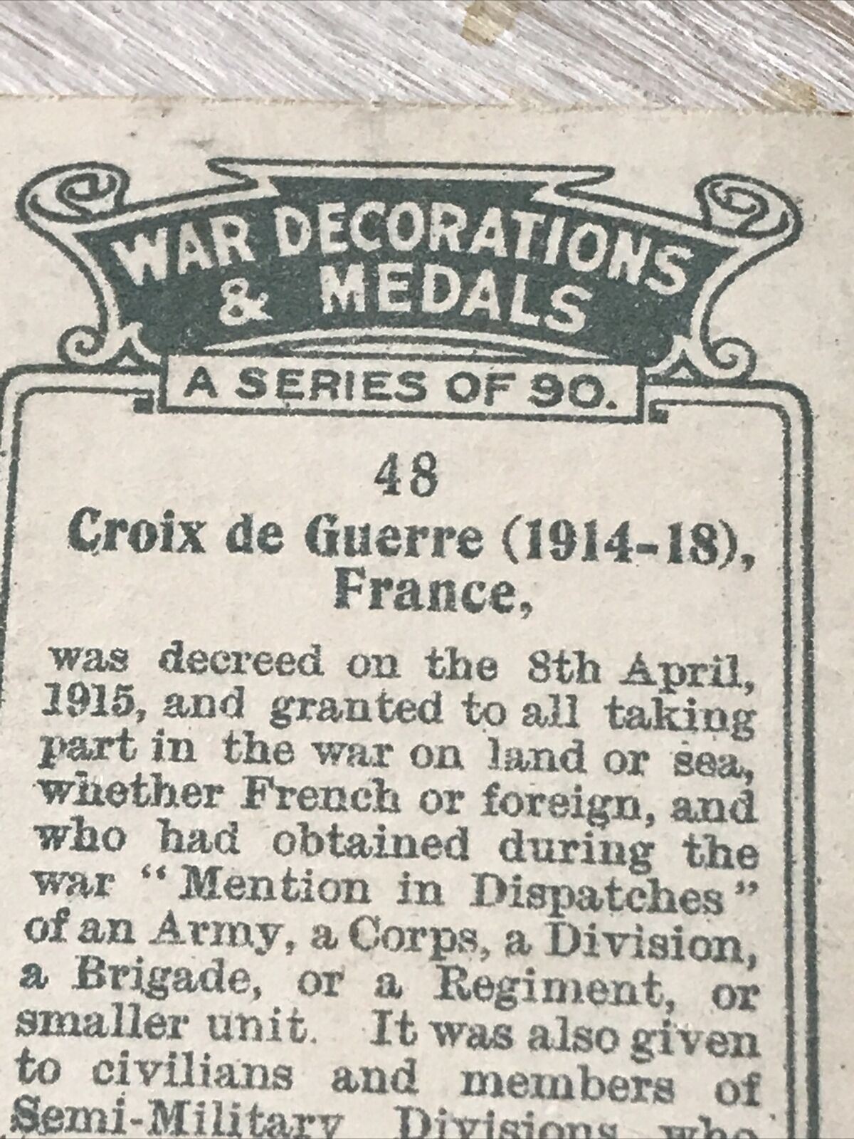 1927 Players Cigarette Card. War Decorations & Medals. No 48. Croix De Guerre France 1914-18