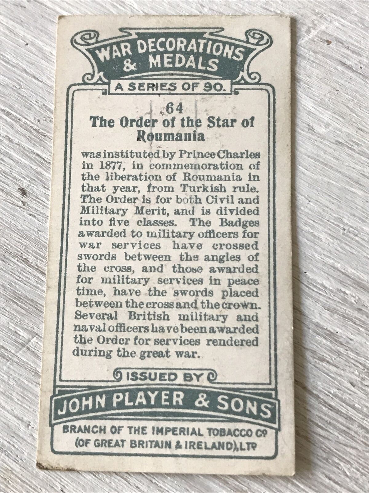 Players Cigarette Card - War Decorations & Medals - No. 64 Order Of Star Of Roumania