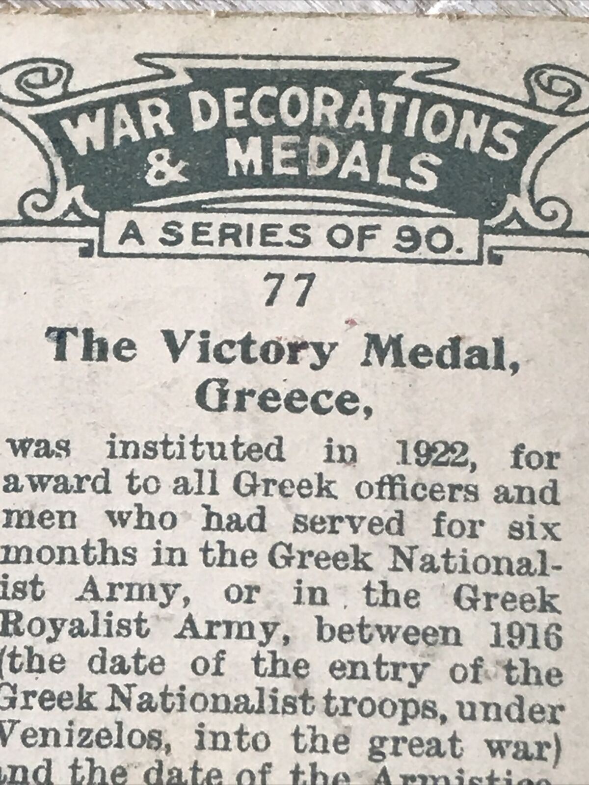 Players Cigarette Card - War Decorations & Medals - No. 77 The Victory Medal, Greece