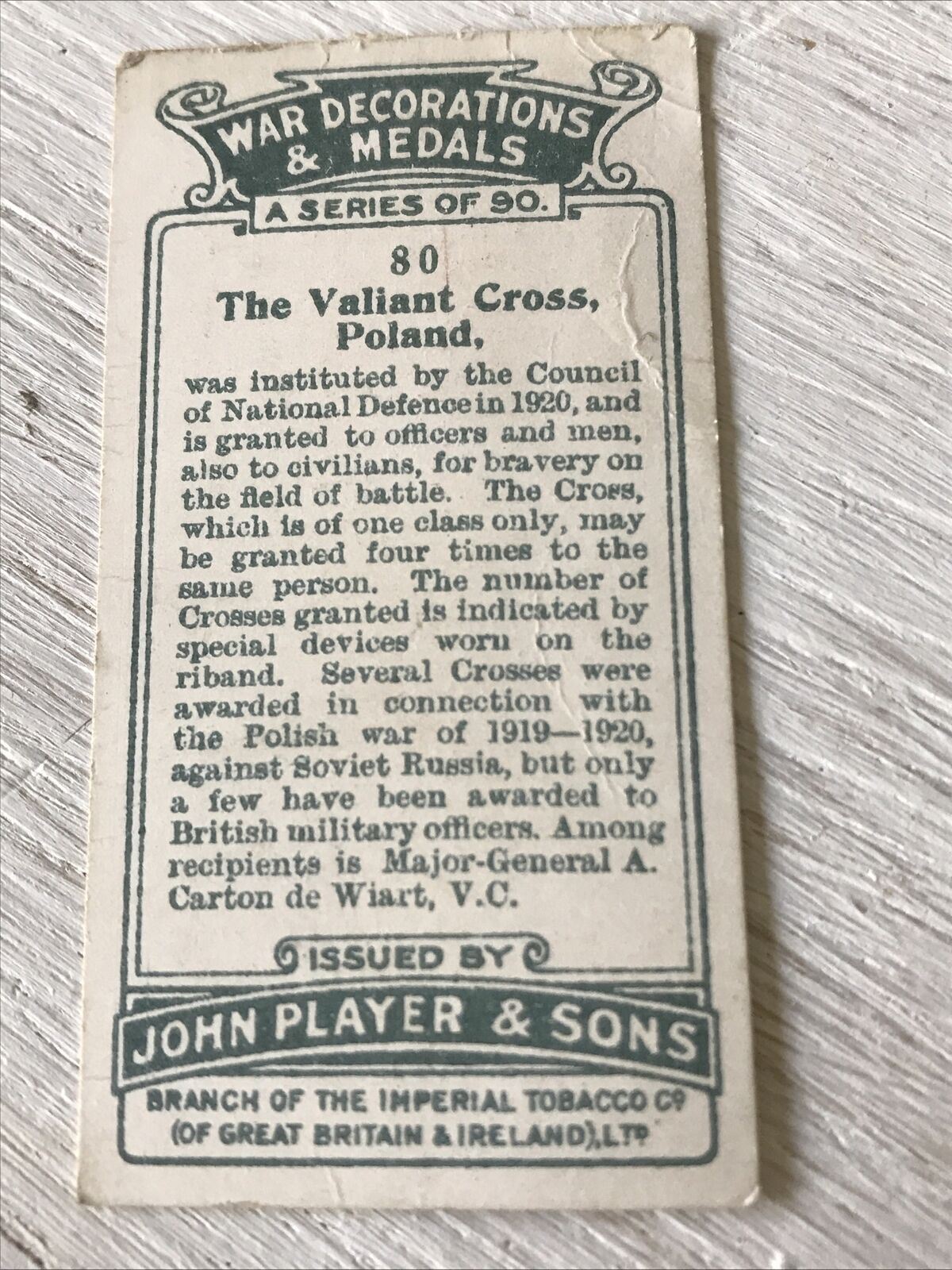 Players Cigarette Card War Decoratiions & Medals No 80 Valiant Cross Poland