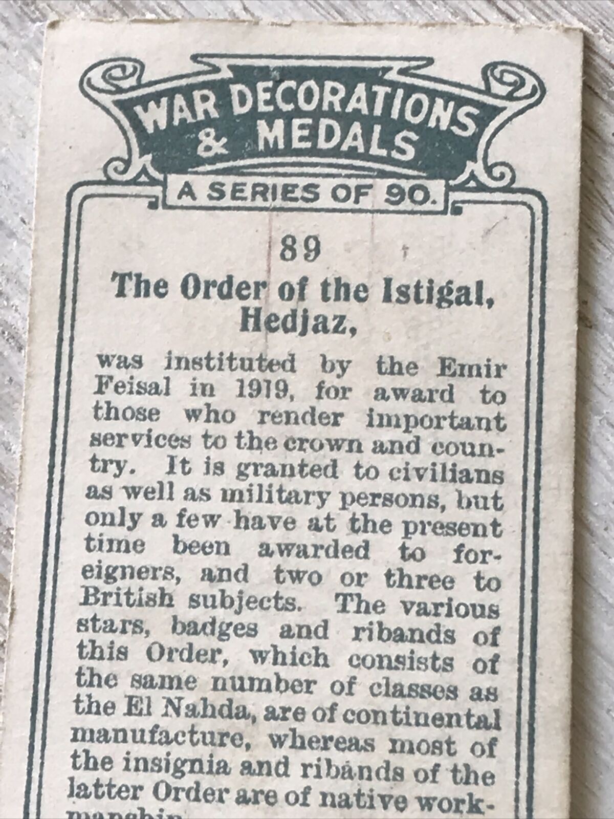 Players Cigarette Card War Decoratiions & Medals No 89 Order Of The Istigal