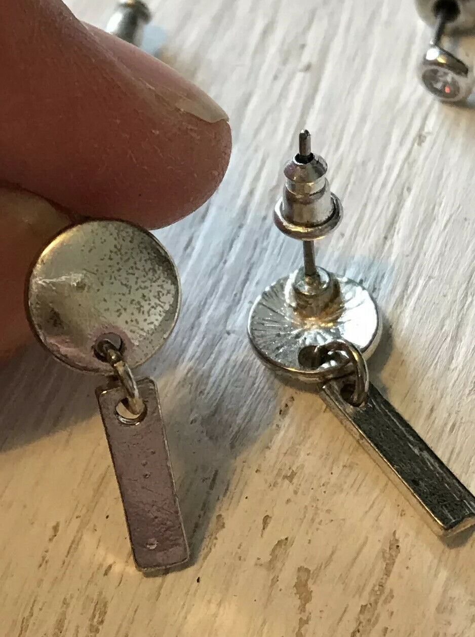 2 x Pairs Earrings. Small Silver Tone Diamante Studs. Dainty Silver Tone Tab Shape Drops