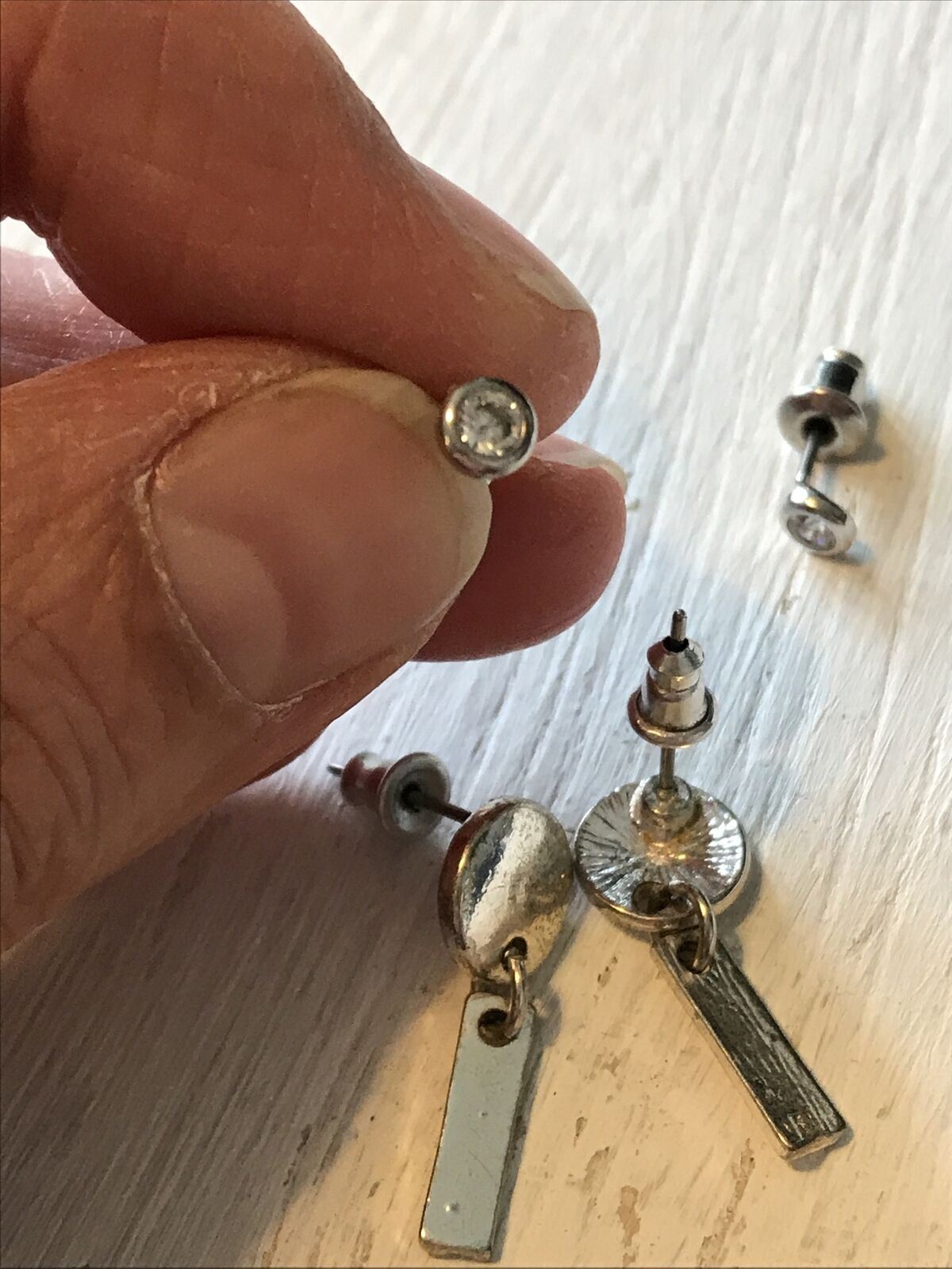 2 x Pairs Earrings. Small Silver Tone Diamante Studs. Dainty Silver Tone Tab Shape Drops