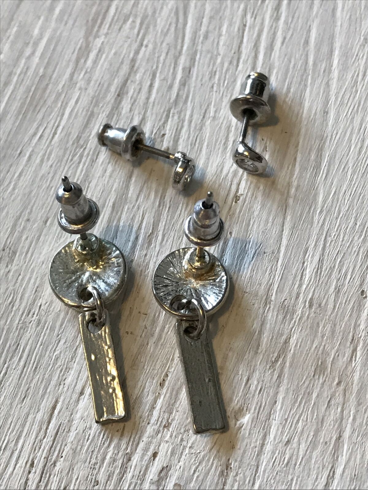 2 x Pairs Earrings. Small Silver Tone Diamante Studs. Dainty Silver Tone Tab Shape Drops