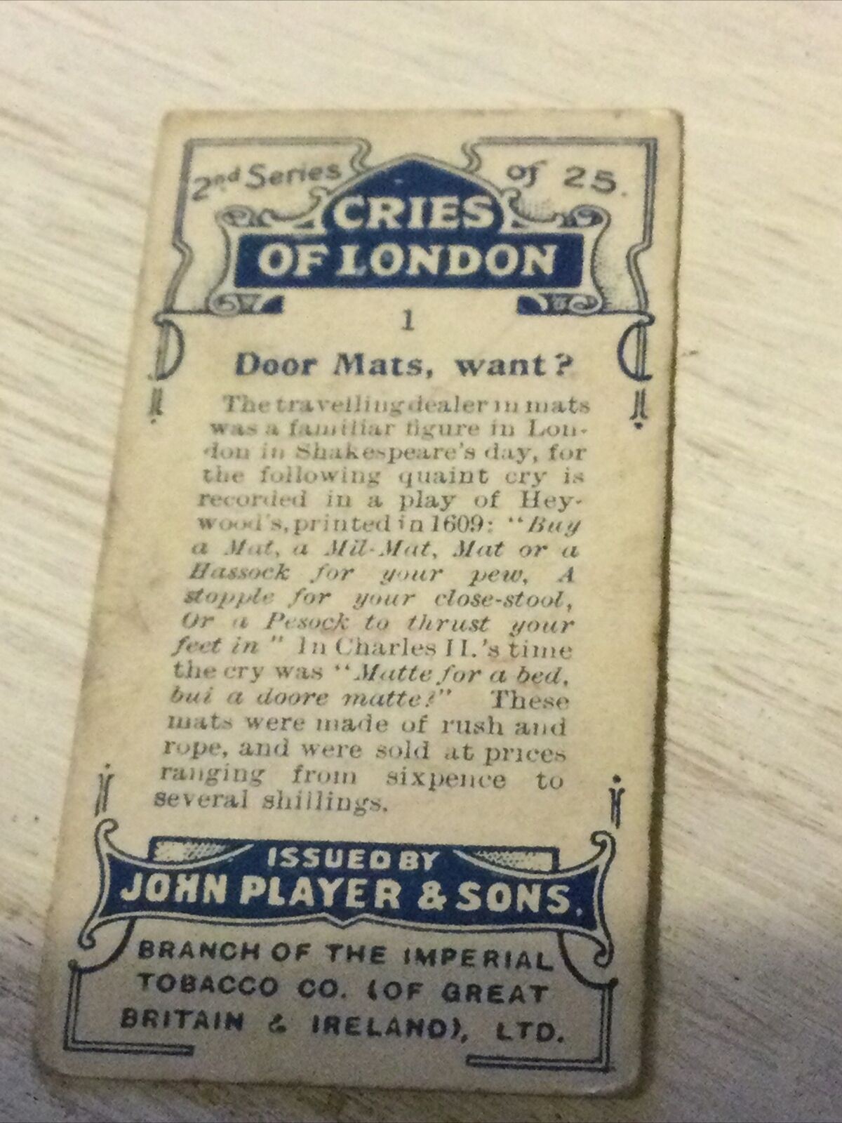 Players Cigarette Card - 1916 - Cries Of London - Series 2 - No. 1 - 'Door Mats, Want?'