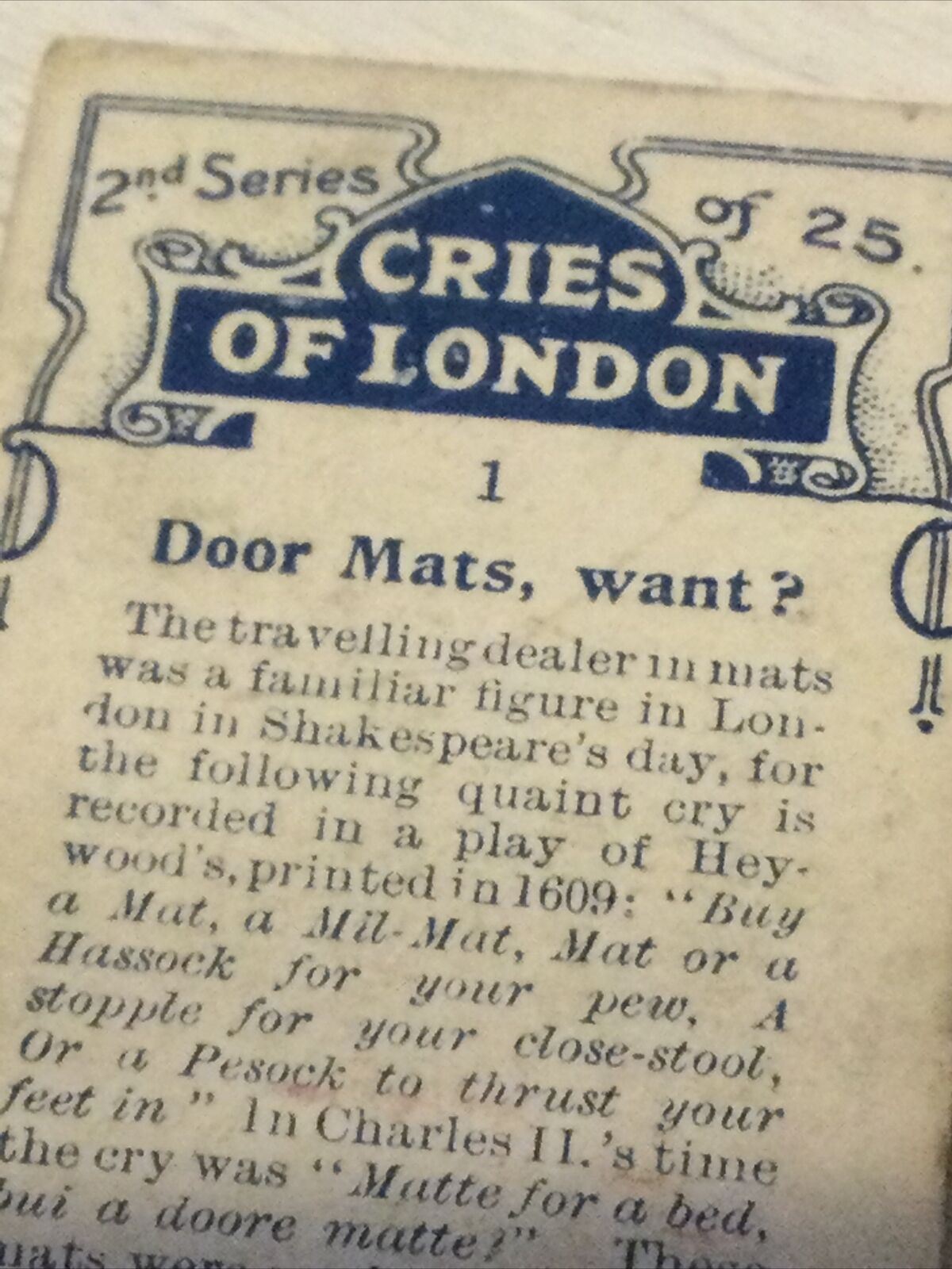 Players Cigarette Card - 1916 - Cries Of London - Series 2 - No. 1 - 'Door Mats, Want?'