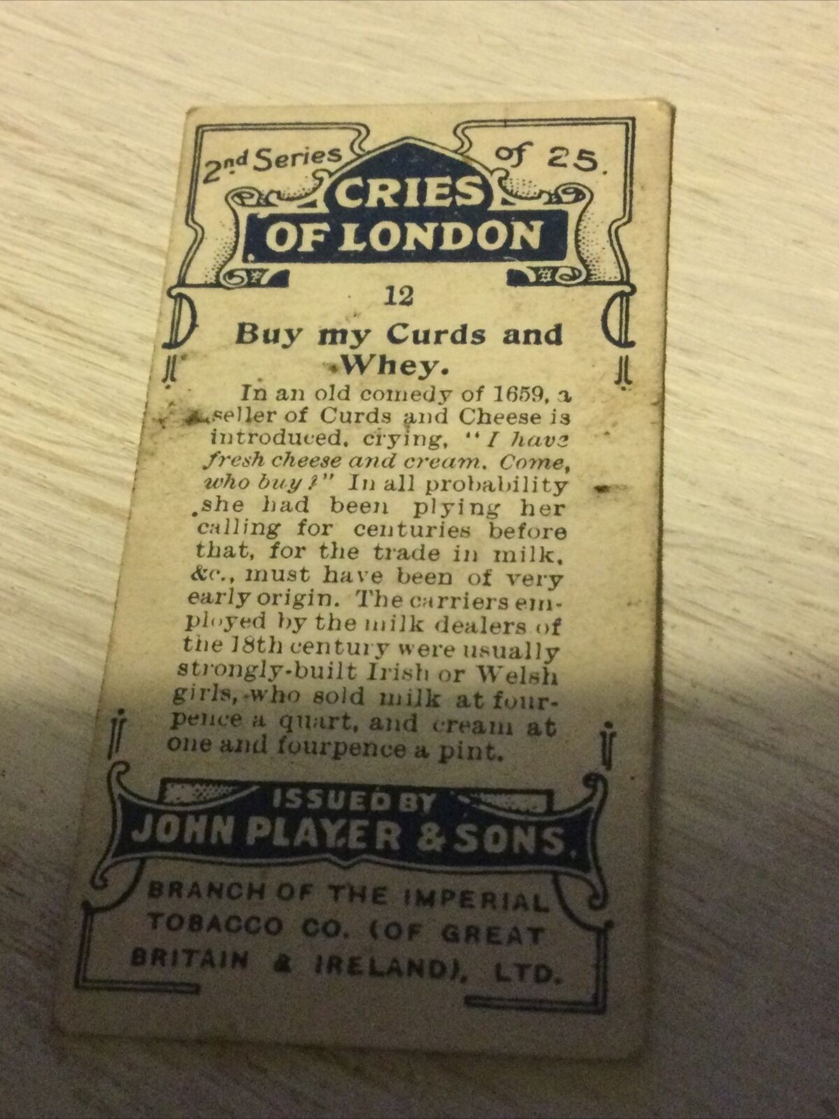 Players Antique 1916 Cigarette Card 'Cries Of London' - Series 2 No. 12 - Buy My Curds & Whey - Street Seller