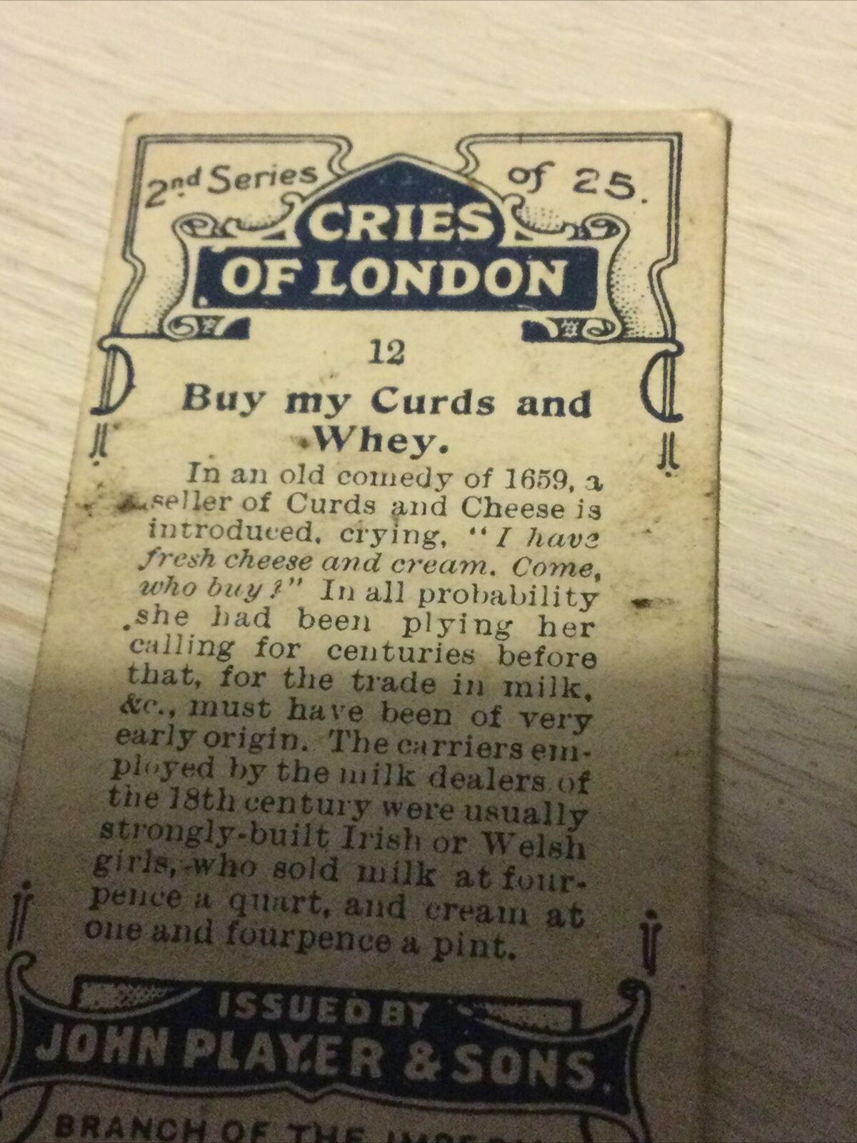Players Antique 1916 Cigarette Card 'Cries Of London' - Series 2 No. 12 - Buy My Curds & Whey - Street Seller