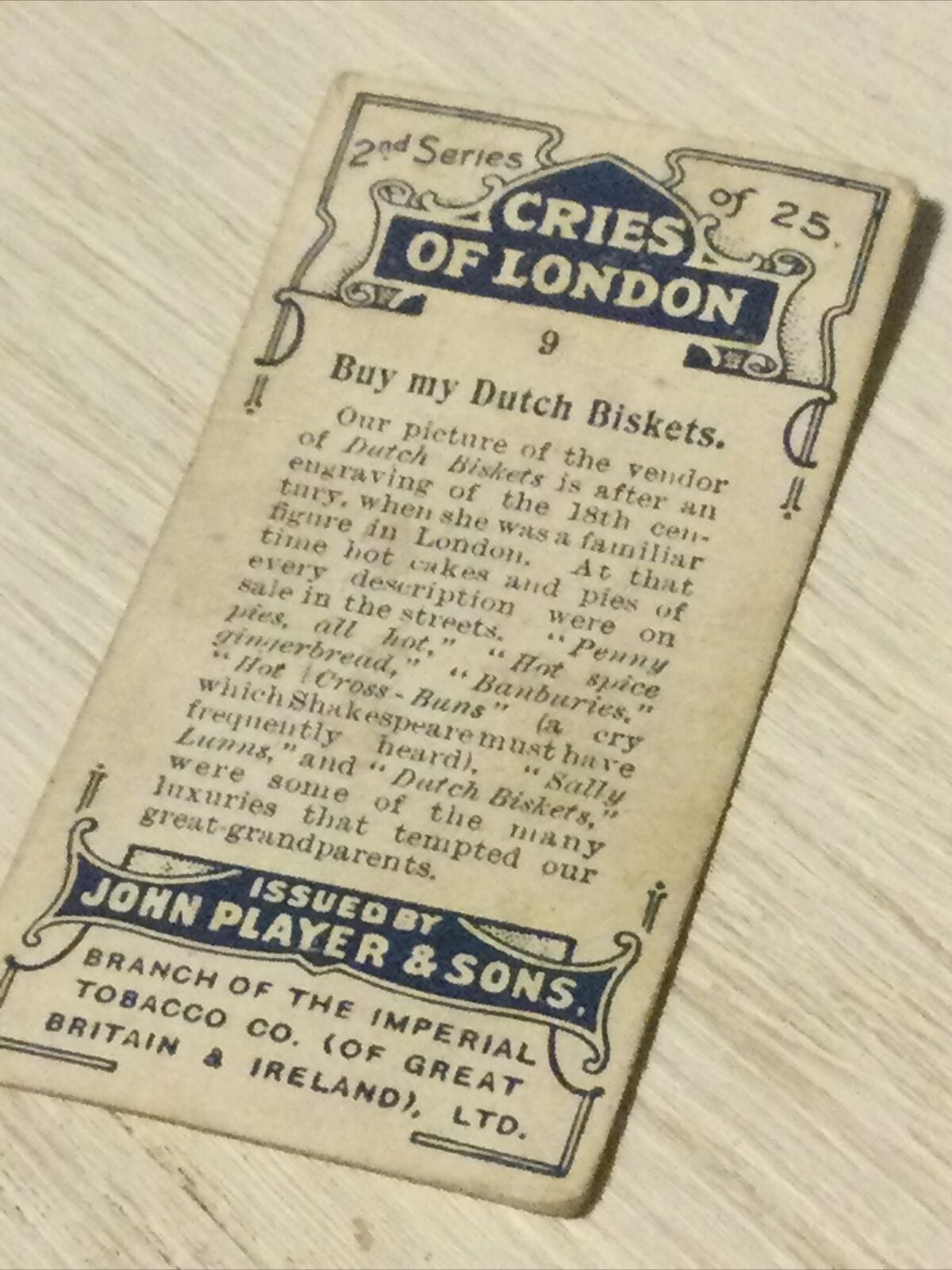 1916 Players Cigarette Card 'Cries Of London' Series 2 No 9 'Buy My Dutch Biskets' Seller. Woman selling biscuits.