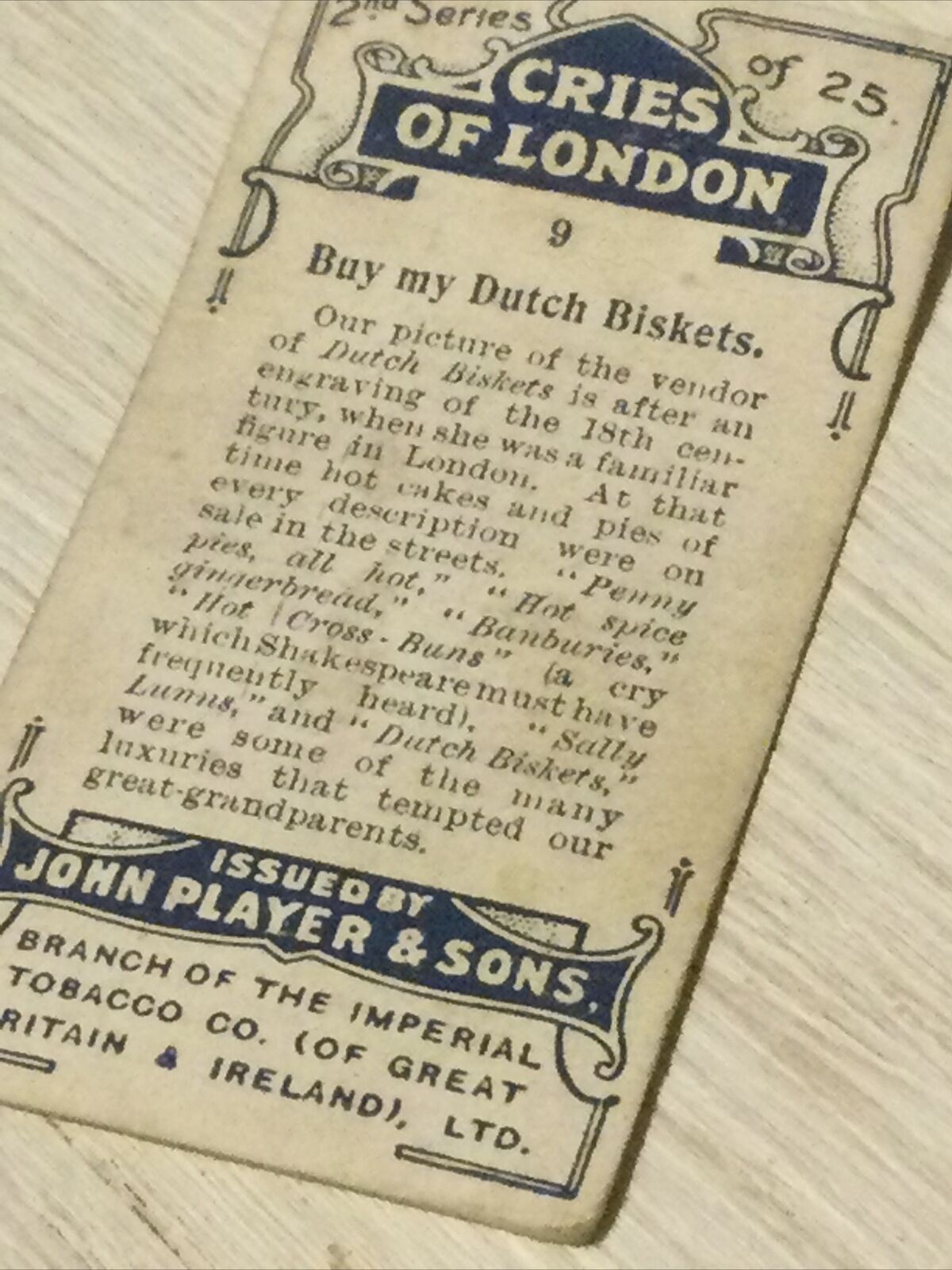 1916 Players Cigarette Card 'Cries Of London' Series 2 No 9 'Buy My Dutch Biskets' Seller. Woman selling biscuits.