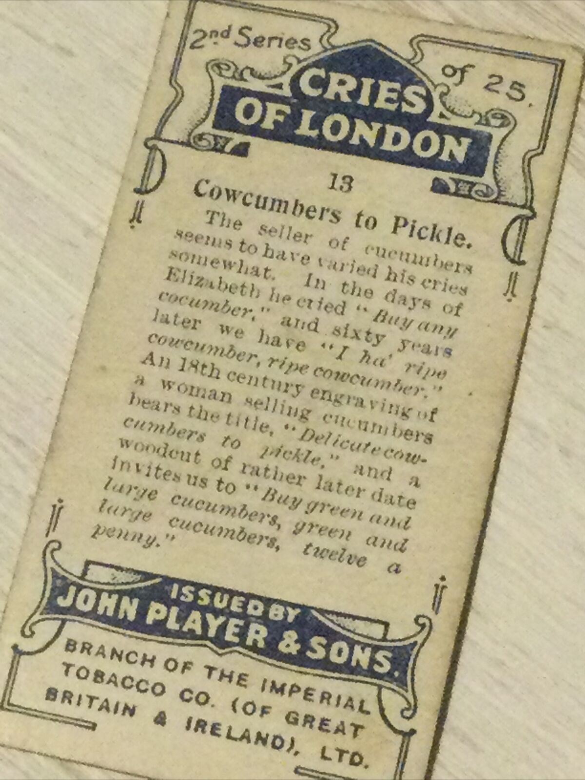 Players Cigarette Card - 1916 - Cries Of London - Series 2 - No. 13 - Cowcumbers To Pickle