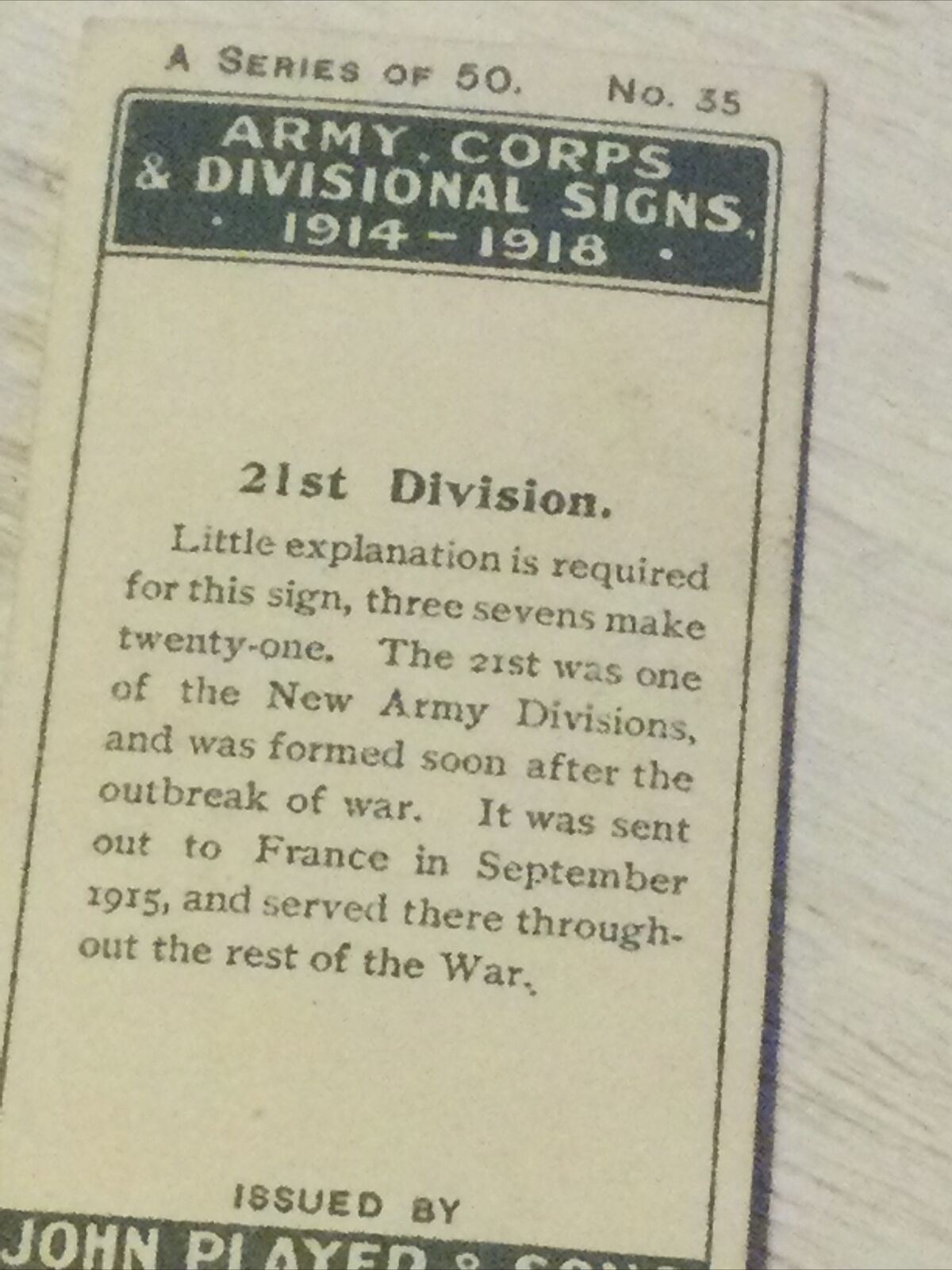 Players Cigarette Card - Army Corps & Divisional Signs 1914-1918 - No.35 - 21st Division - New Army Divisions