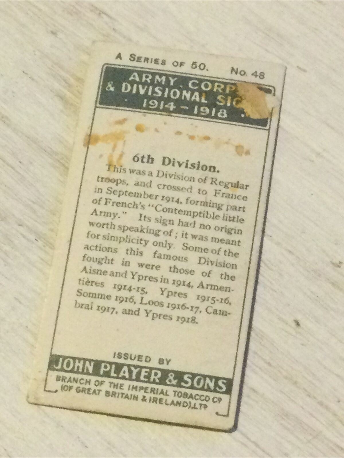 Players Cigarette Card - Army Corps & Divisional Signs 1914-1918 - No. 48 - 6th Division