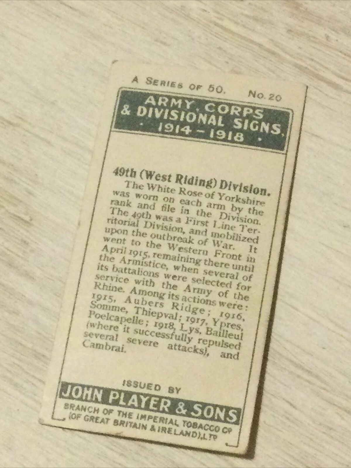 Players Cigarette Card - Army Corps & Divisional Signs 1914-1918 - No. 20 - 49th West Riding Division