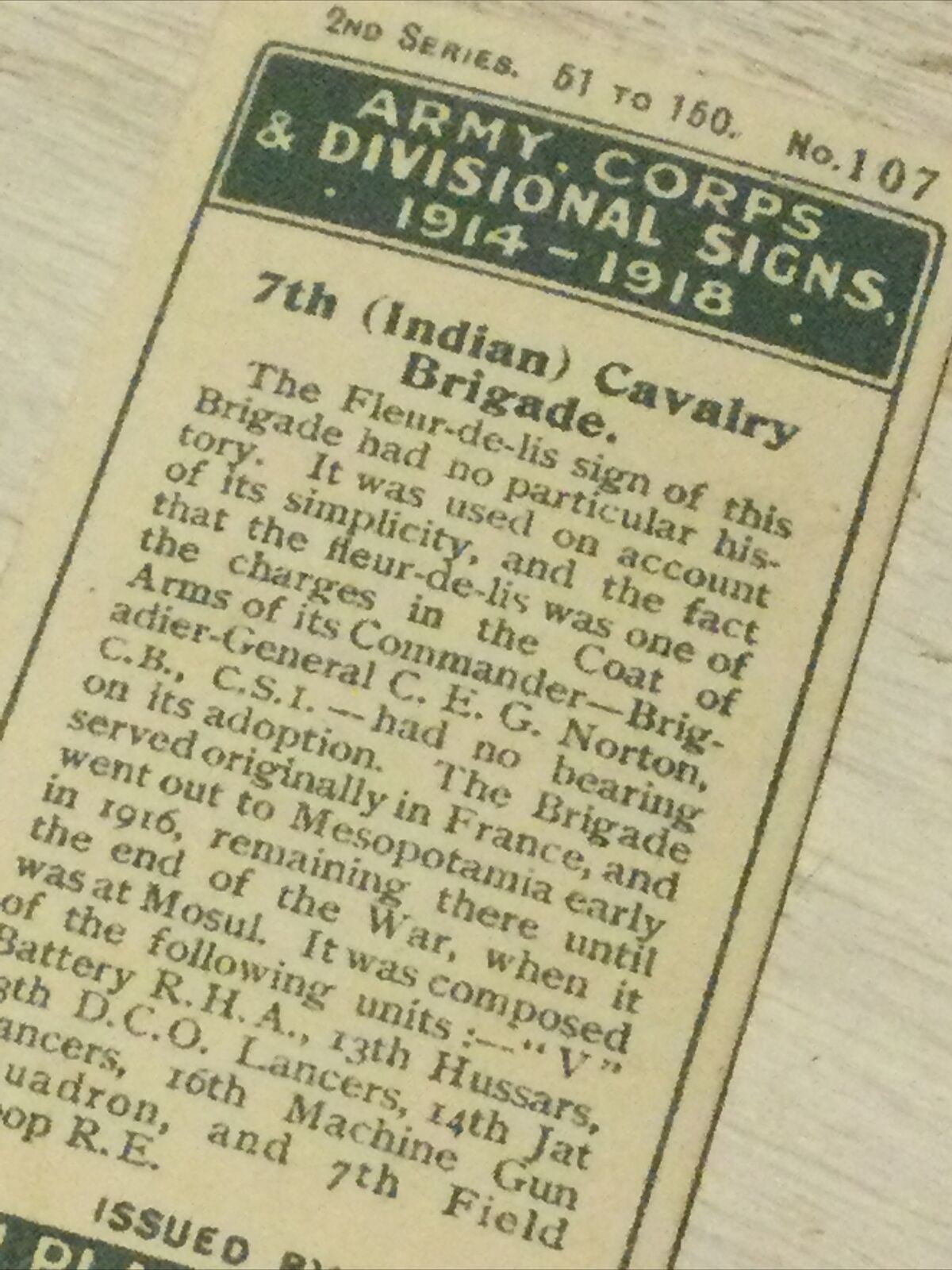 Players Cigarette Card - Army Corps & Divisional Signs - 1914-1918 - No. 107 - 7th Indian Cavalry Brigade