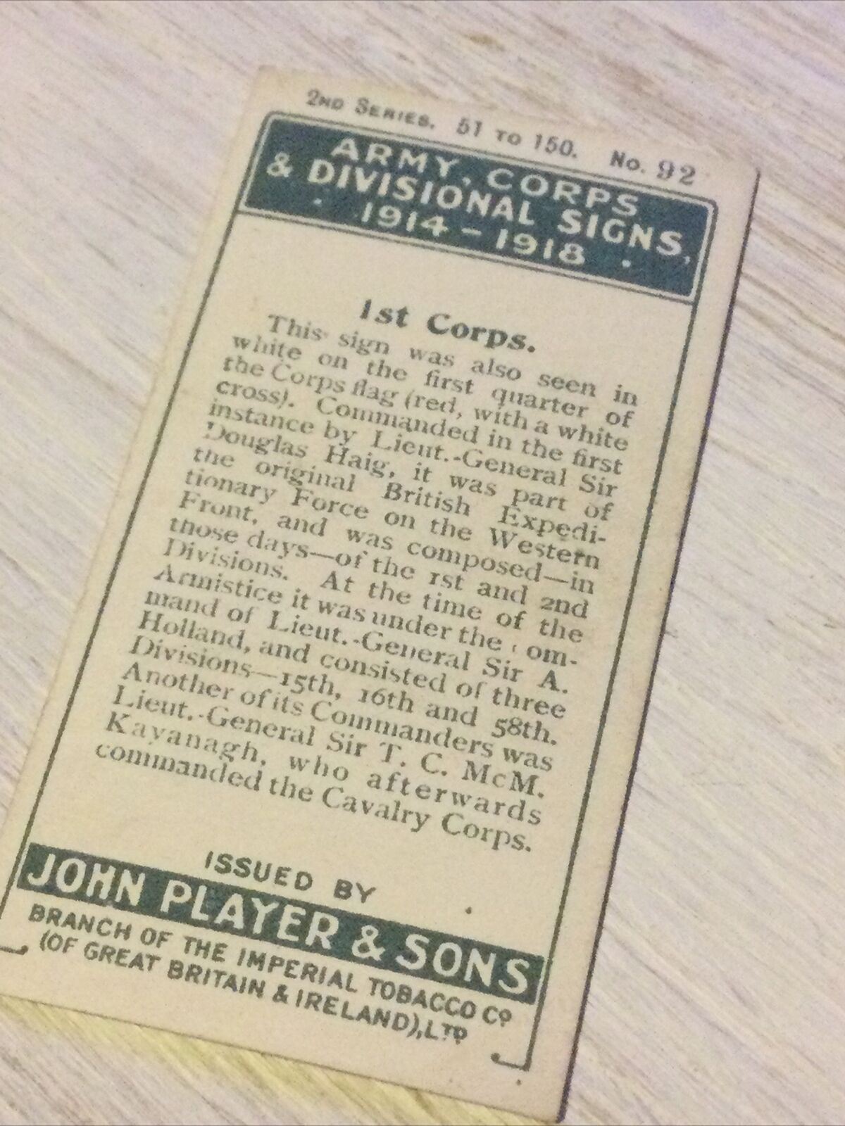 Players Cigarette Card - Army Corps & Divisional Signs - 1914-1918 - No. 92 - 1st Corps