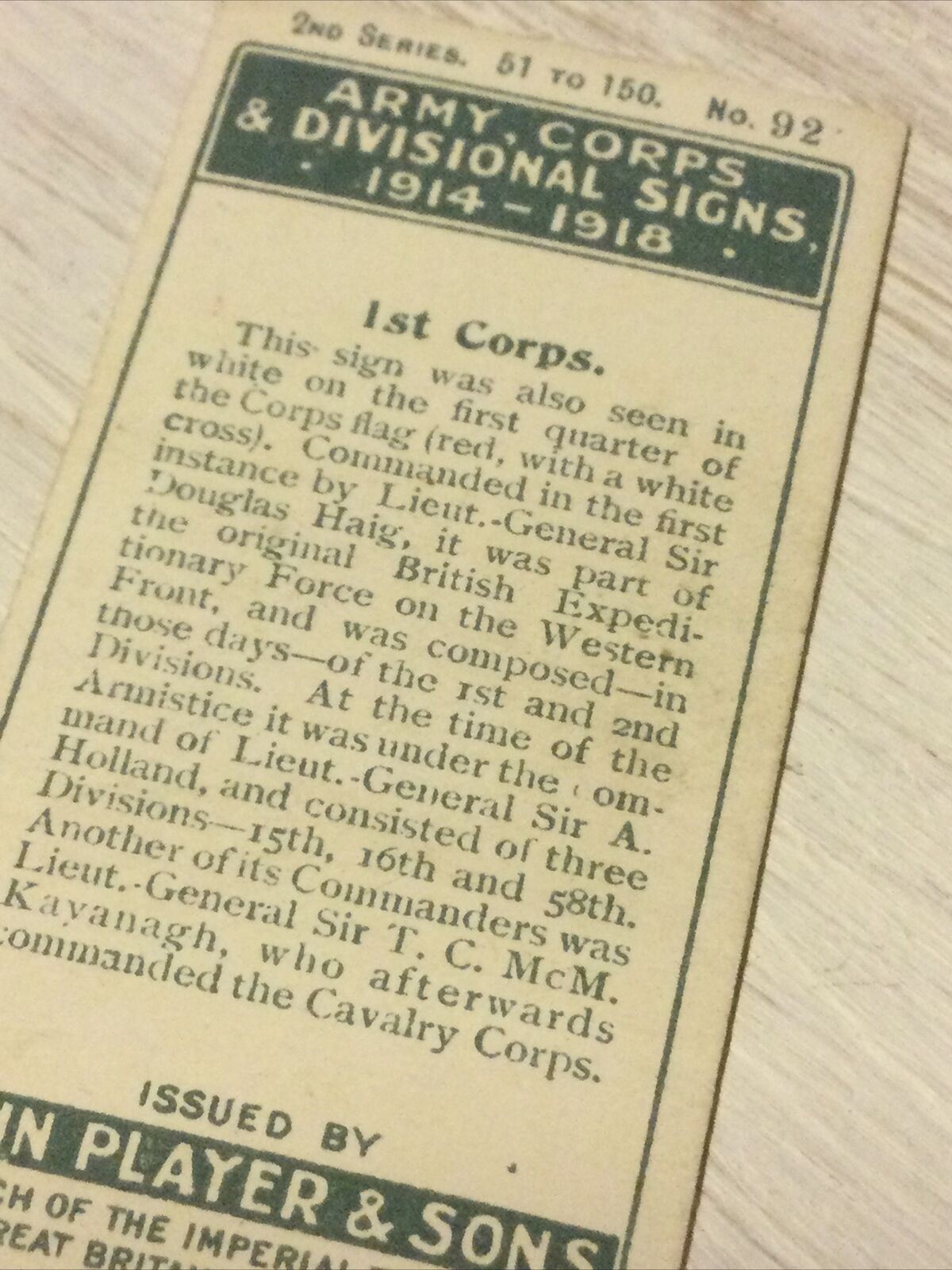 Players Cigarette Card - Army Corps & Divisional Signs - 1914-1918 - No. 92 - 1st Corps