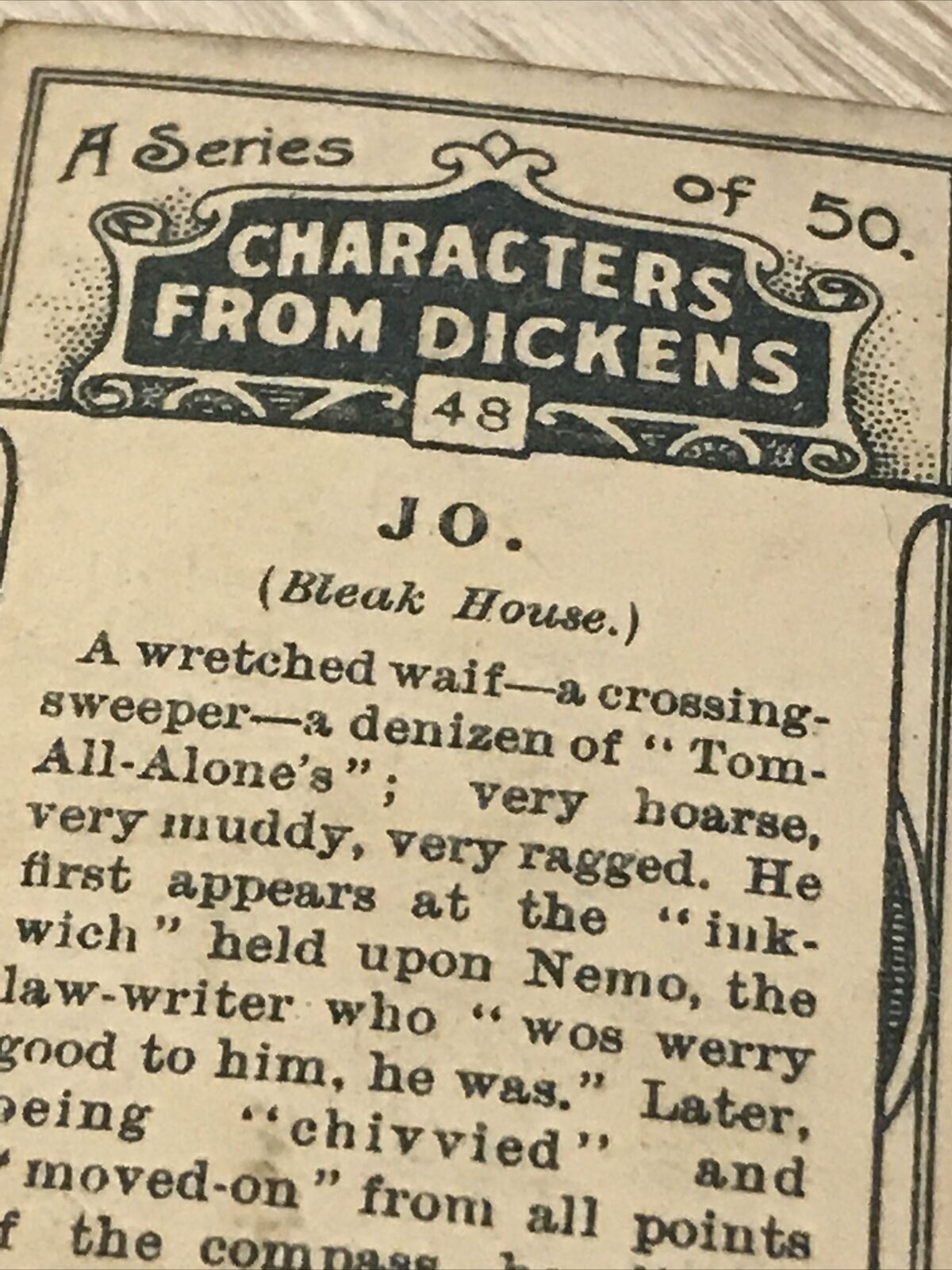 Players Cigarette Card Characters From Dickens No 48 Jo from Bleak House. 1912. Dickens memorabilia.
